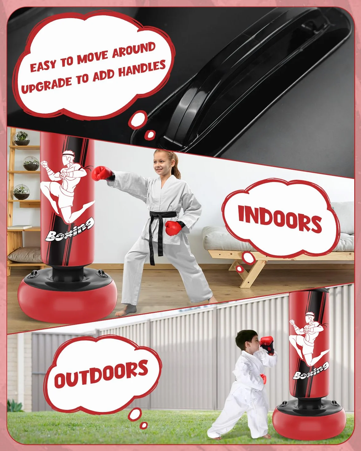 Sac de Frappe 165cm Gonflable pour Enfants avec Gants de Sac de Boxe Enfants pour la Pratique du MMA, du Karaté, du Taekwondo et pour soulager l'énergie de la Pentecôte