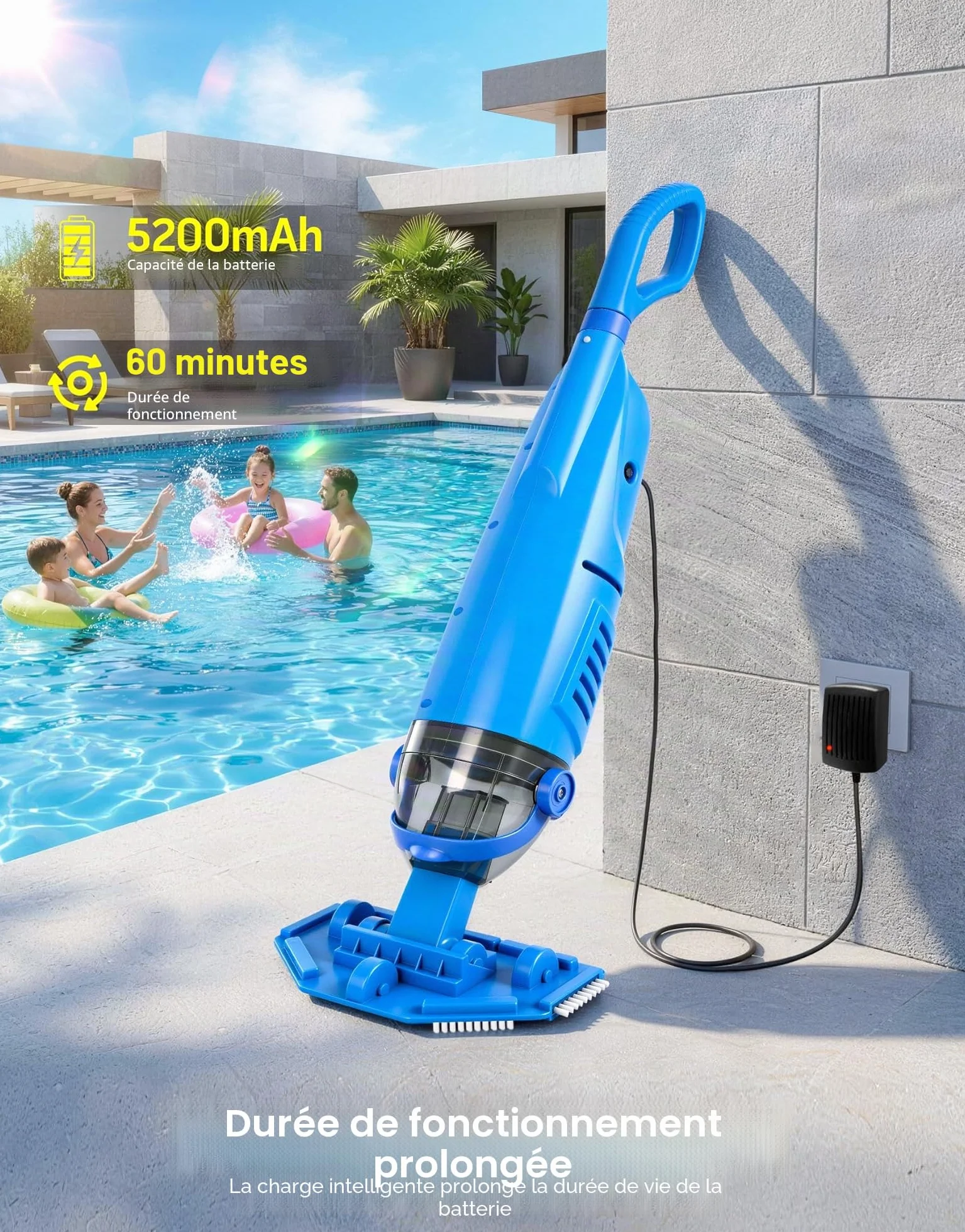 LanBlu Aspirateur Piscine Sans Fil 2.5m 4200L/H Manuel avec Tige Télescopique 4 Filtre