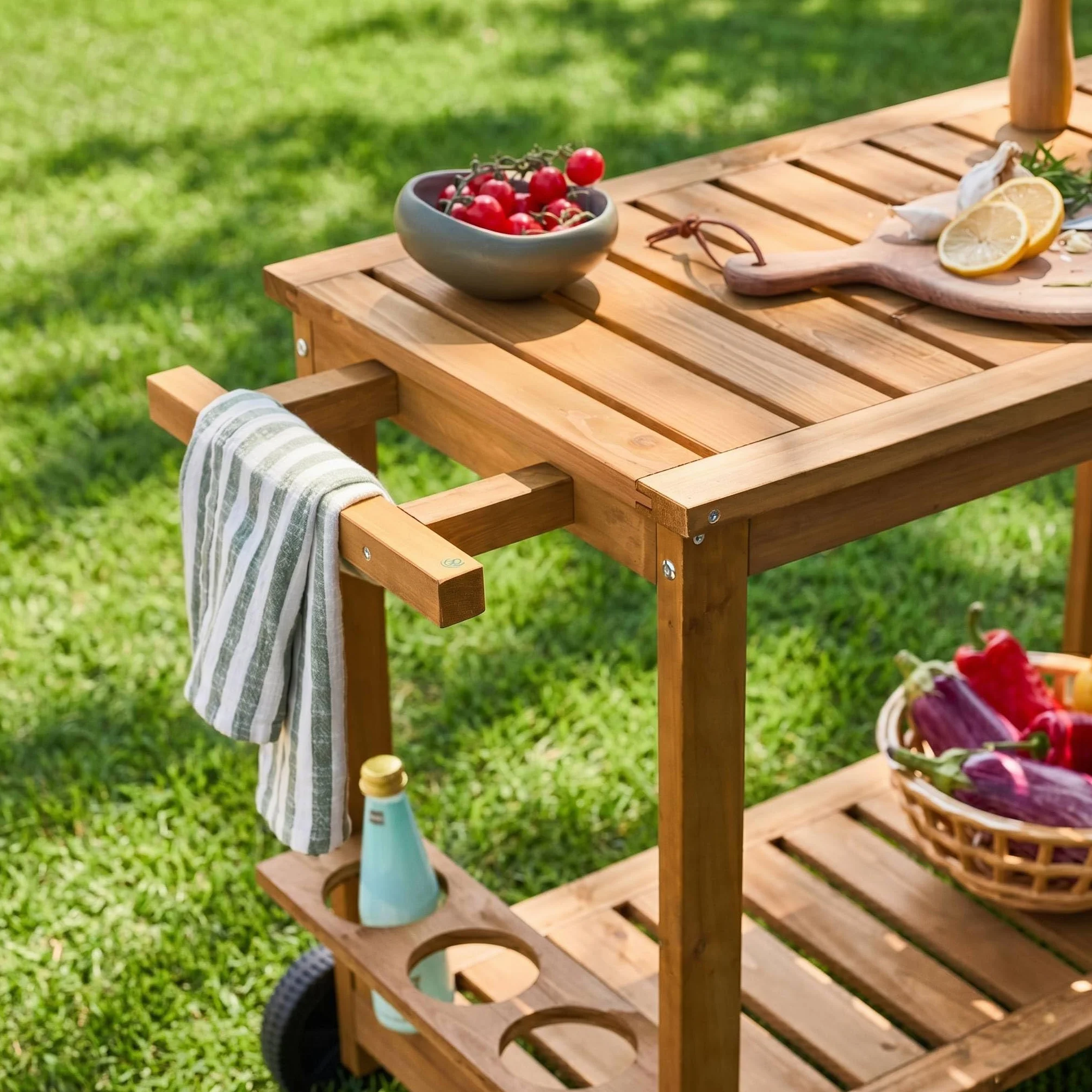 sweeek Desserte extérieure 95 cm en Bois avec Roues et poignée Naturel 95x47x74 cm