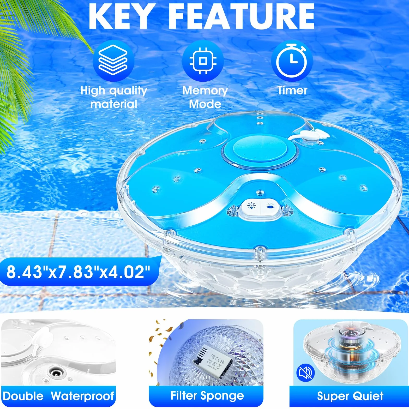 DeeprBling Fontaine Flottante Piscine avec Lumière, Télécommande, 2 Modes de Pulvérisation, 7 Modes de Lumière, pour Piscine Hors Sol