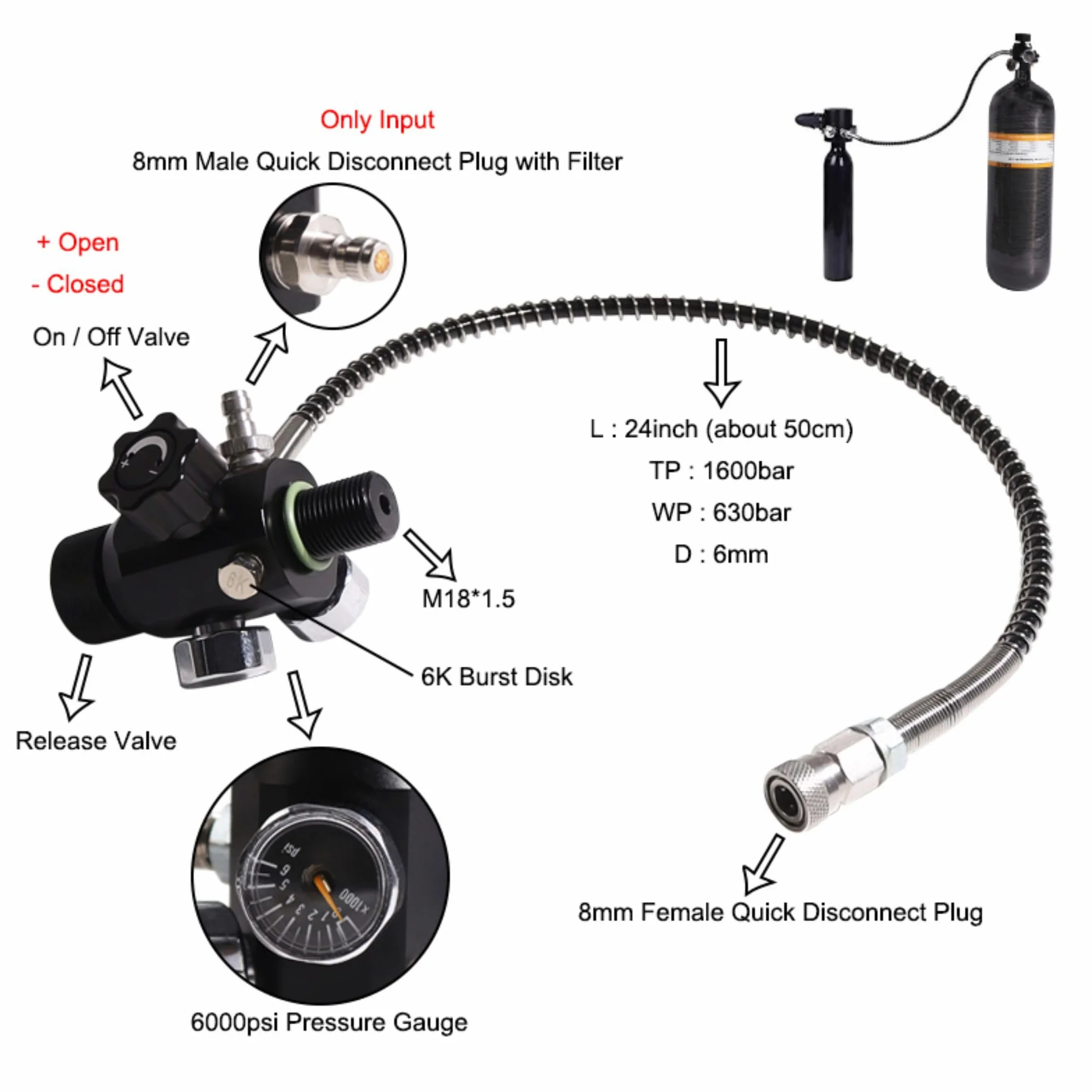 TUXING M18 x 1,5 Filetage 4500 psi Paintball Station de remplissage PCP Régulateur de pistolet à air double jauge Valve de réservoir d'air avec tuyau haute pression de 50,8 cm (non régulé) pour