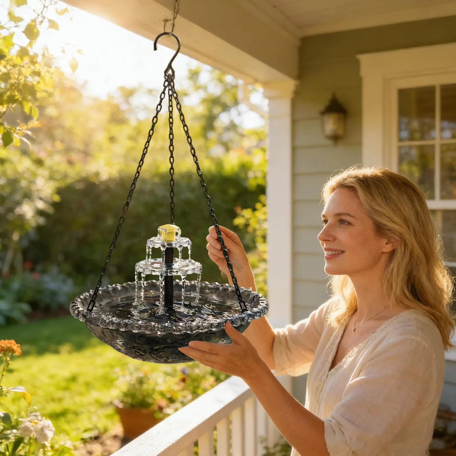 Fontaine Solaire Suspendue pour Bain d'Oiseaux en Cascade, Décor de Jardin Extérieur