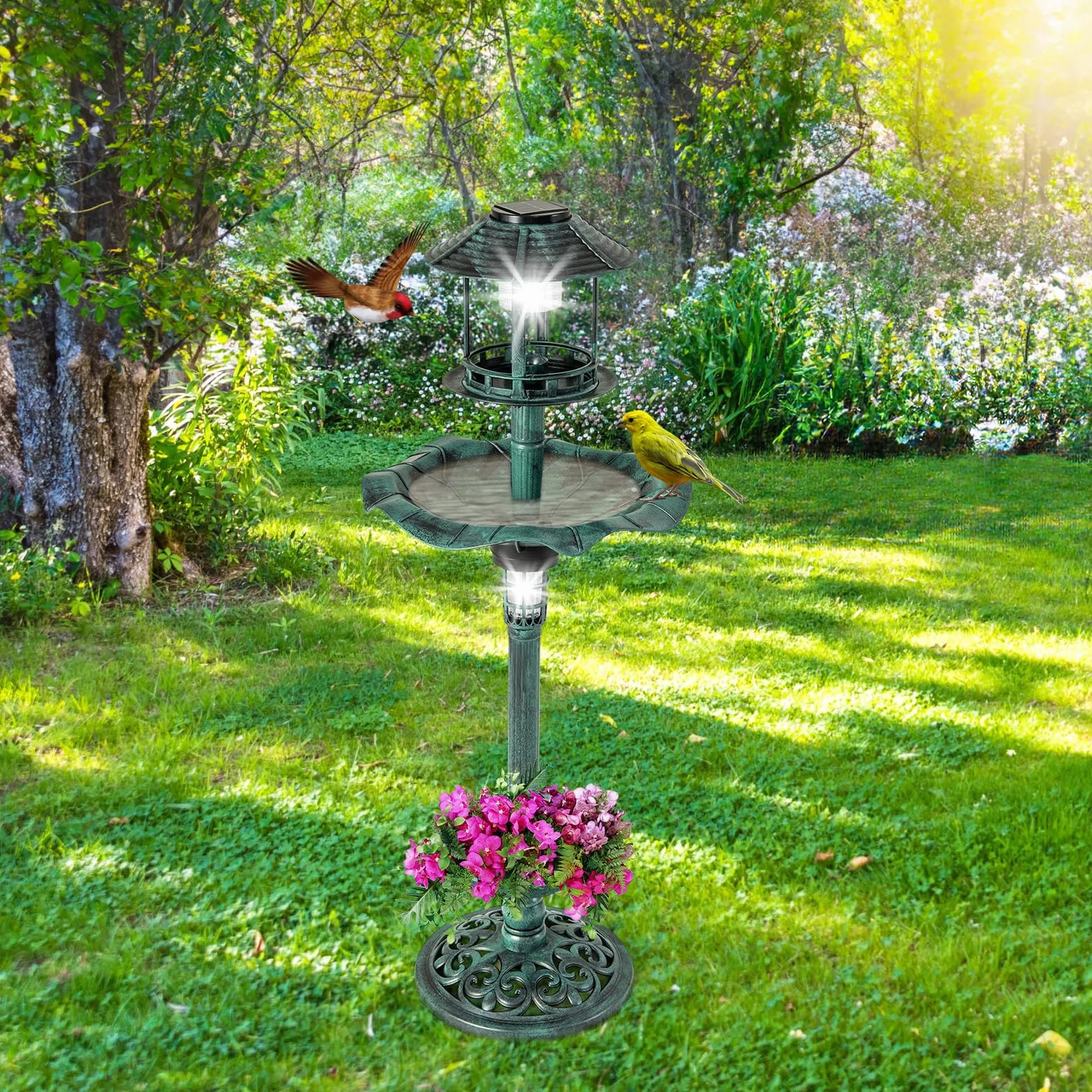 GOPLUS Mangeoire Oiseaux Extérieur Solaire, Bain d'oiseaux sur Pied avec 2 Lampes Solaire, 43x110cm, Vert