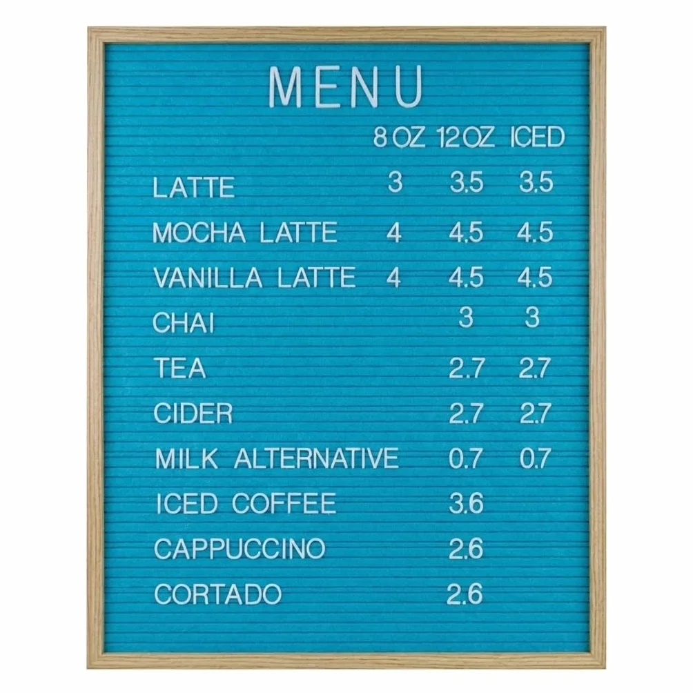 Tableau à lettres en feutre bleu 24 x 30 pouces cadre en chêne avec 966 lettres 1" 2" pour menu messages
