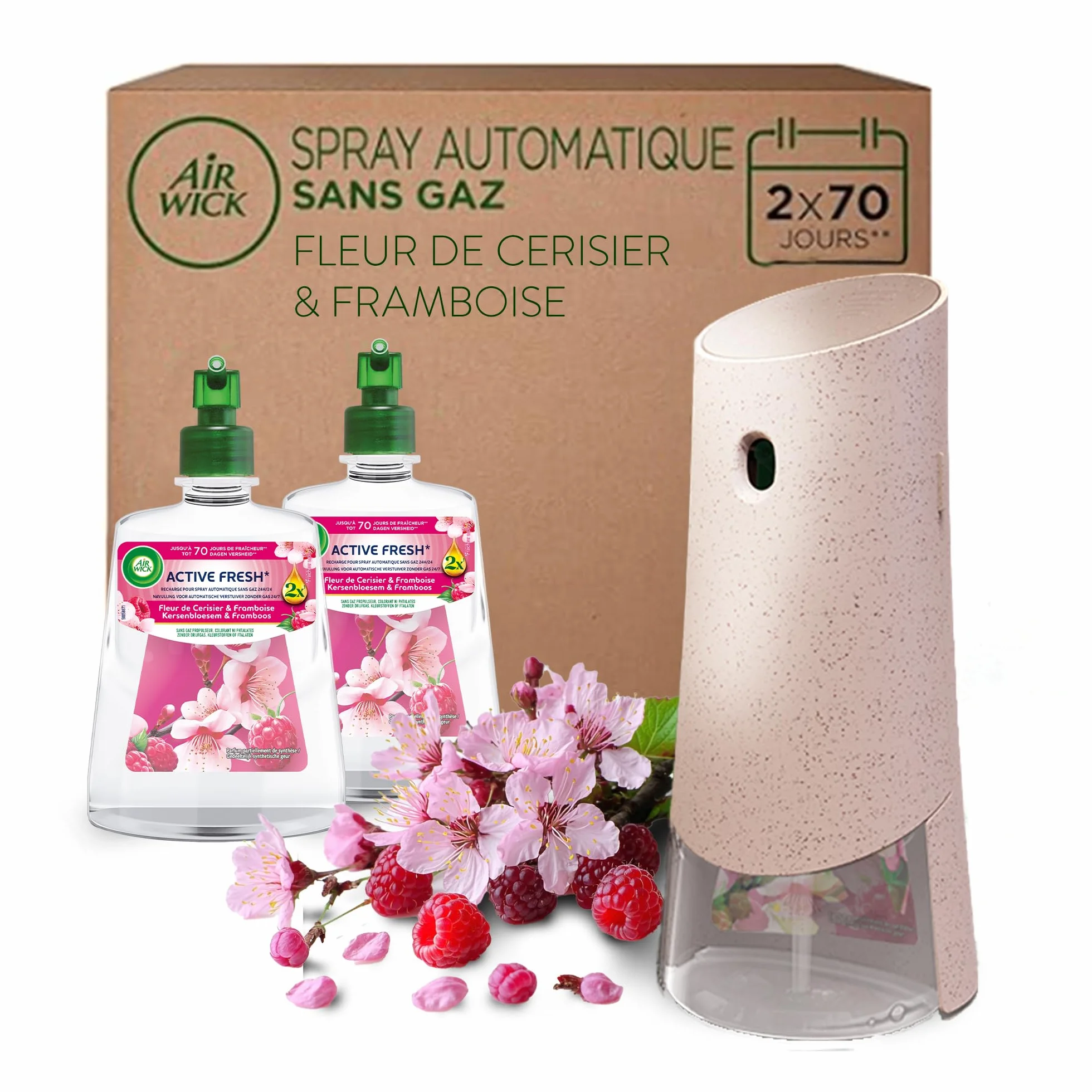 Air Wick Désodorisant Maison Spray Automatique Sans Gaz Active Fresh 1 Diffuseur 2 Recharges Fleur de Cerisier Framboise