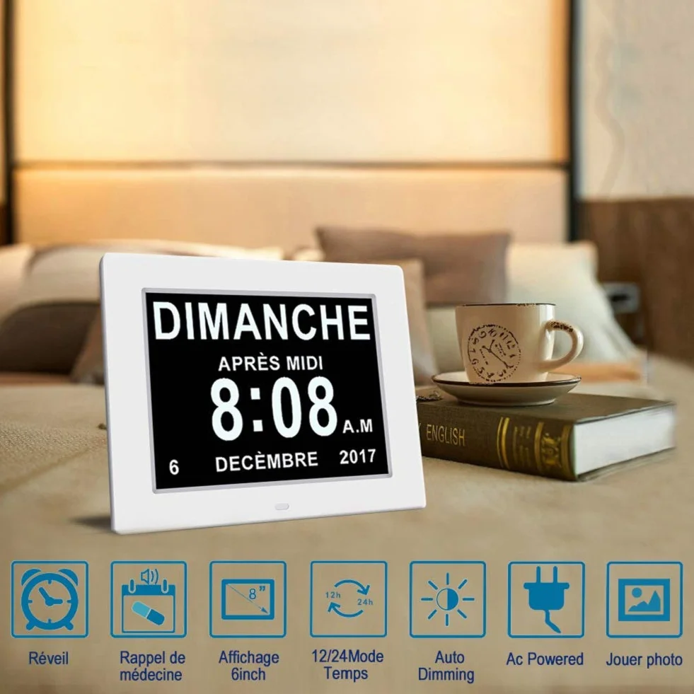 OLDTIME® 8" LCD Horloge Numérique Calendrier avec Date, Jour Et Heure Alzheimer White