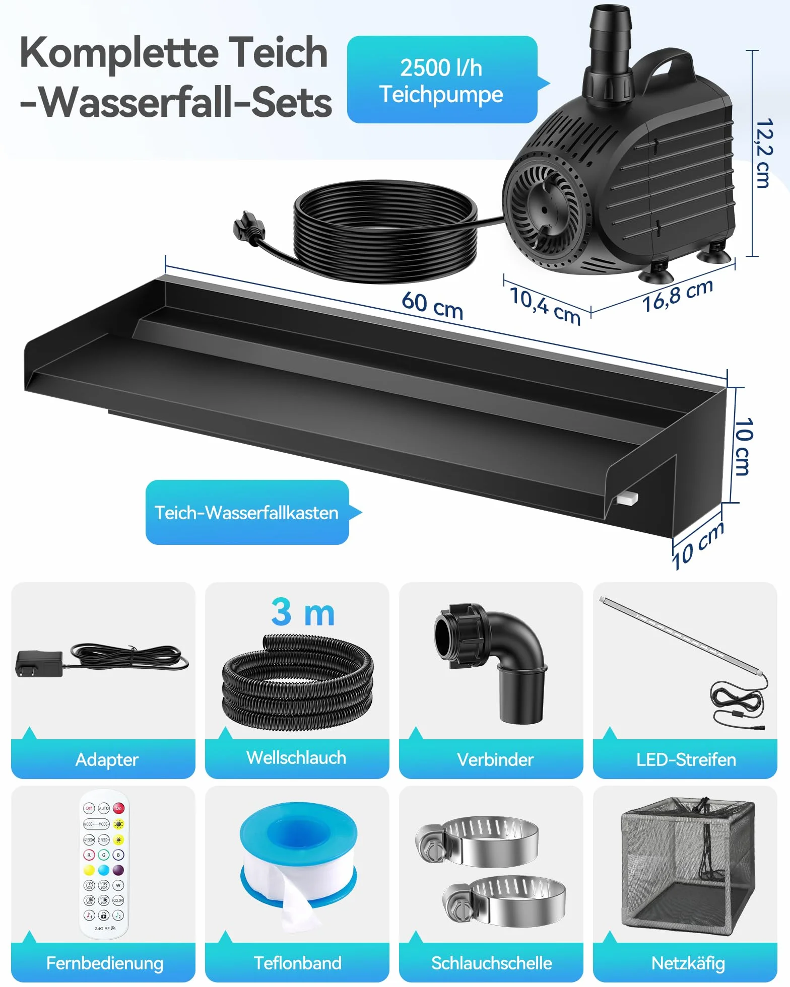 POPOSOAP Kit Cascade Bassin Acier Inoxydable 60cm Pompe Eau 4500 L/h Lumières LED Télécommandées Tuyau Ondulé 3m