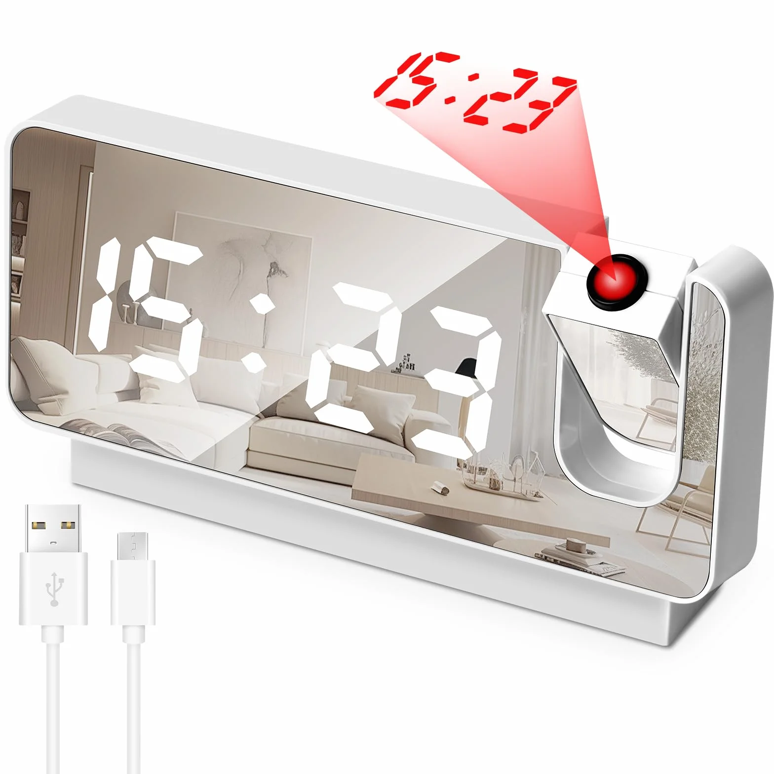 Reveil Projecteur Plafond Numérique avec Température Écran LED 180° Horloge 12/24H USB Blanc
