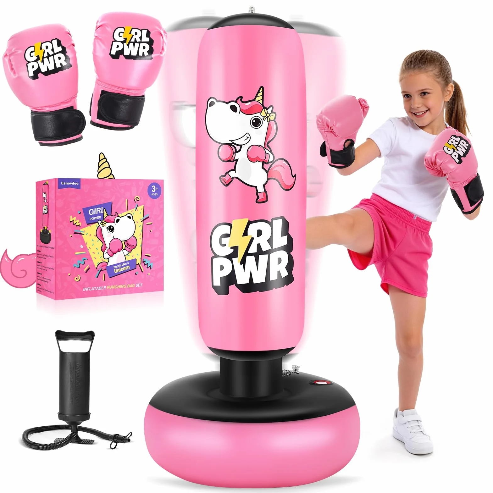 Punching Ball avec Gants de Boxe et Pompe, Sac de Boxe Enfant 168 cm - Idéal pour Karaté, Taekwondo, Cadeau Parfait pour Garçons & Filles de 5 à 12 Ans (Rose)