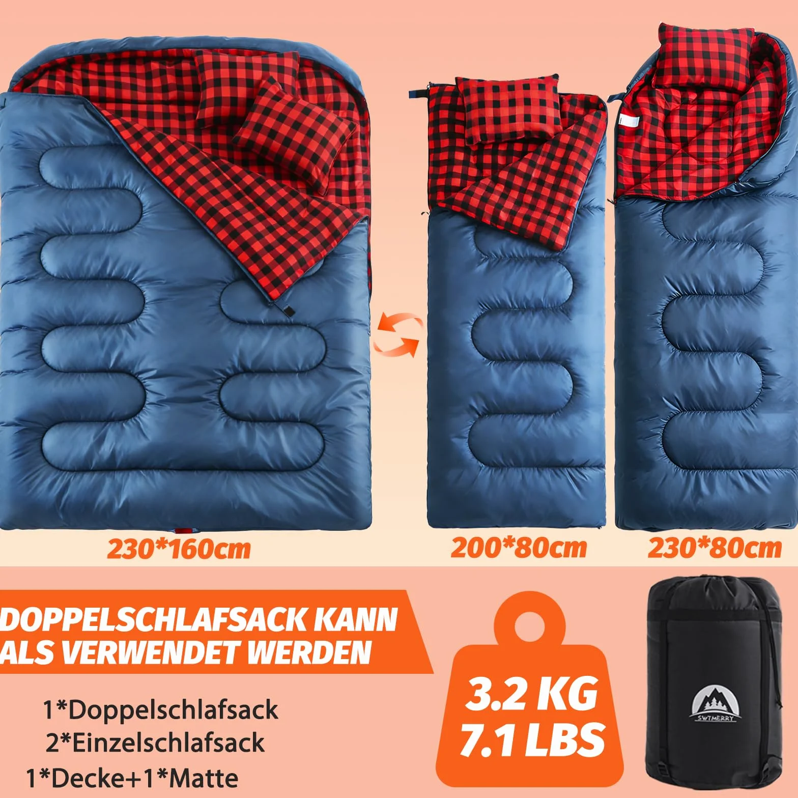 SWTMERRY Sac de couchage double pour adulte - Sac de couchage pour 2 personnes - 230 x 160 cm - Avec 2 coussins - Pour la famille, l'extérieur, la randonnée, les voyages