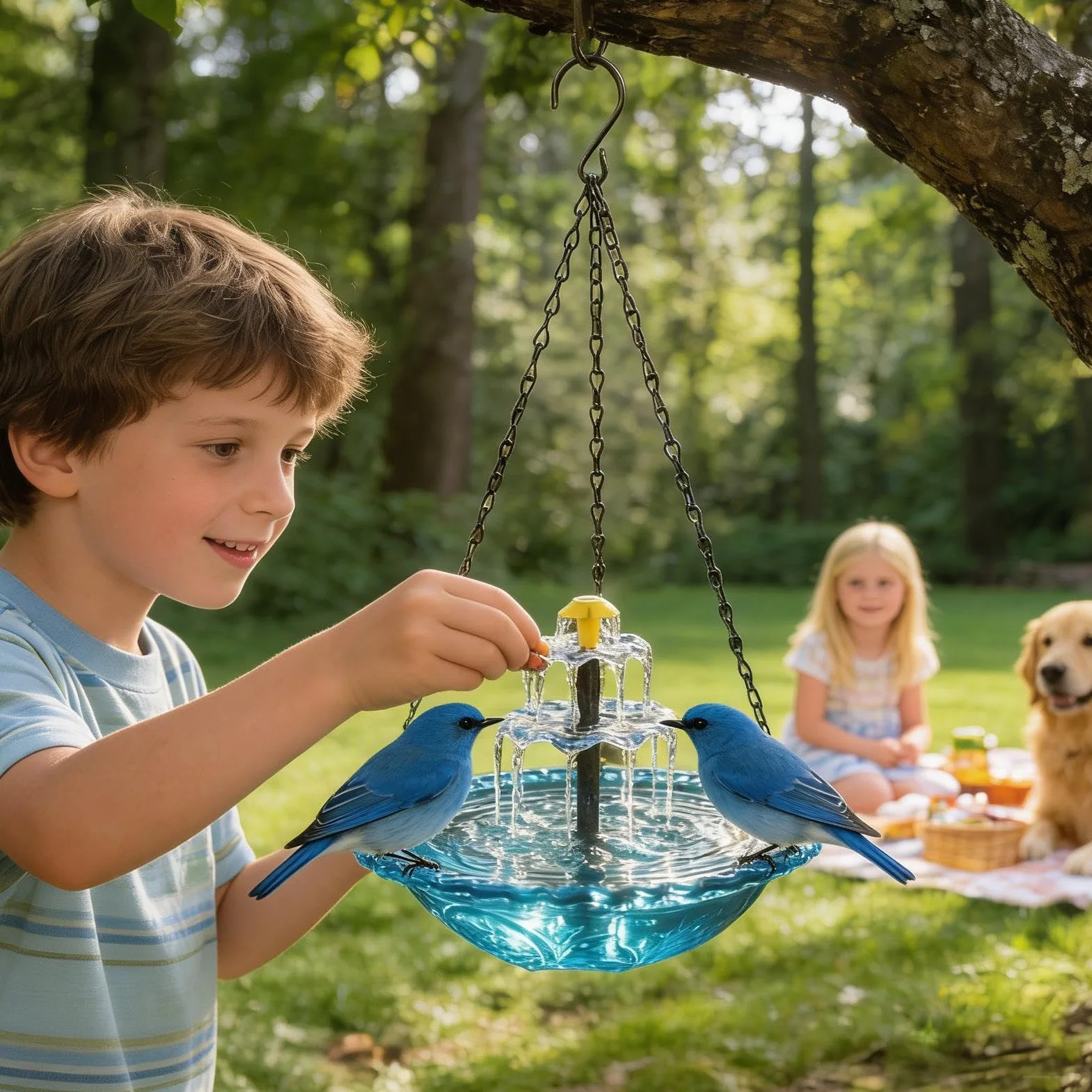 Fontaine Solaire Suspendue pour Oiseaux, Bain d'oiseaux D'extérieur avec Mangeoire Automatique