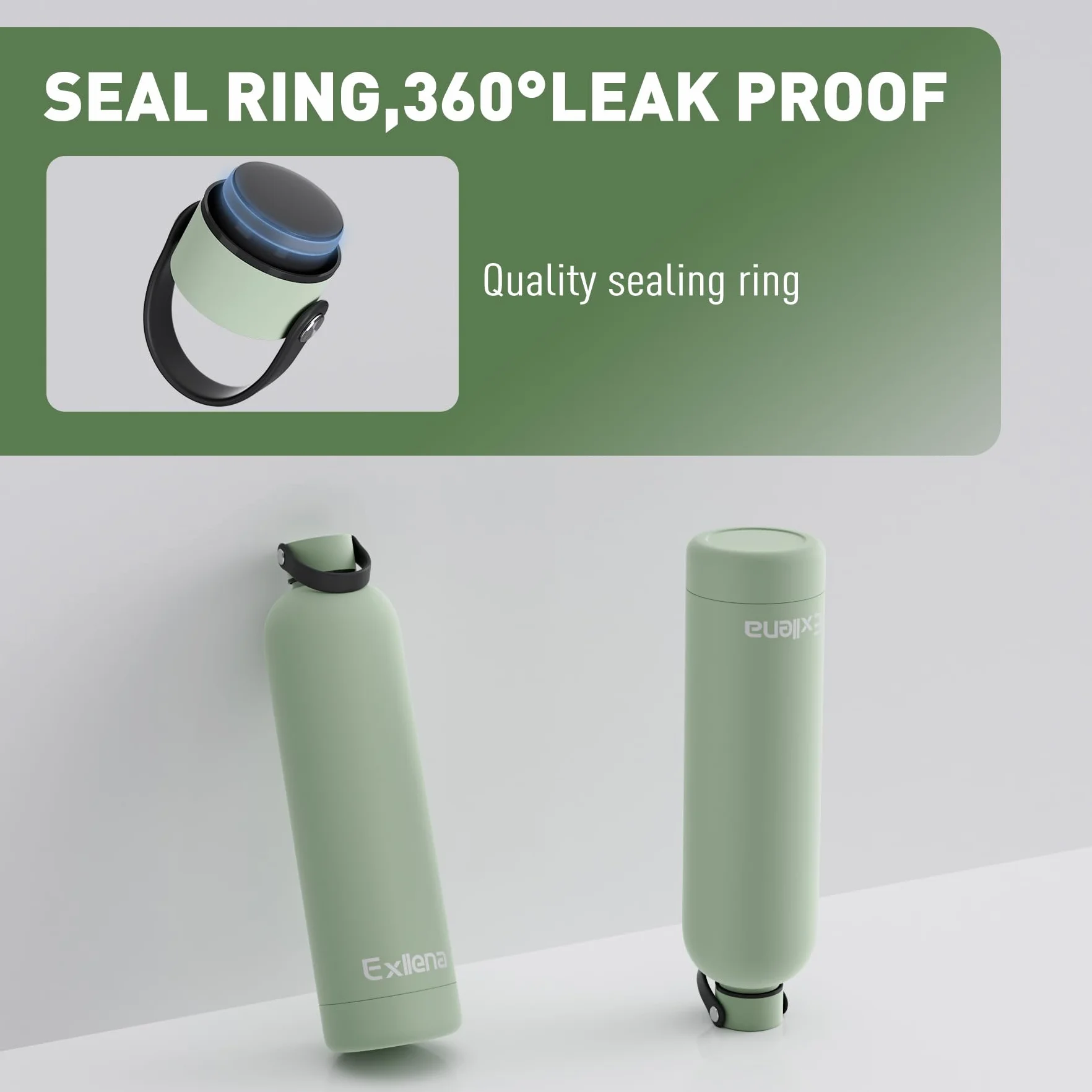 Exllena Gourde Isotherme 1.5l avec Poignée Pratique - Bouteille Isotherme avec 24 Heures de Conservation au 24h Froid/12h Chaud, Revêtement Anti-Dérapant - Étanche Sans BPA (Vert Sauge)