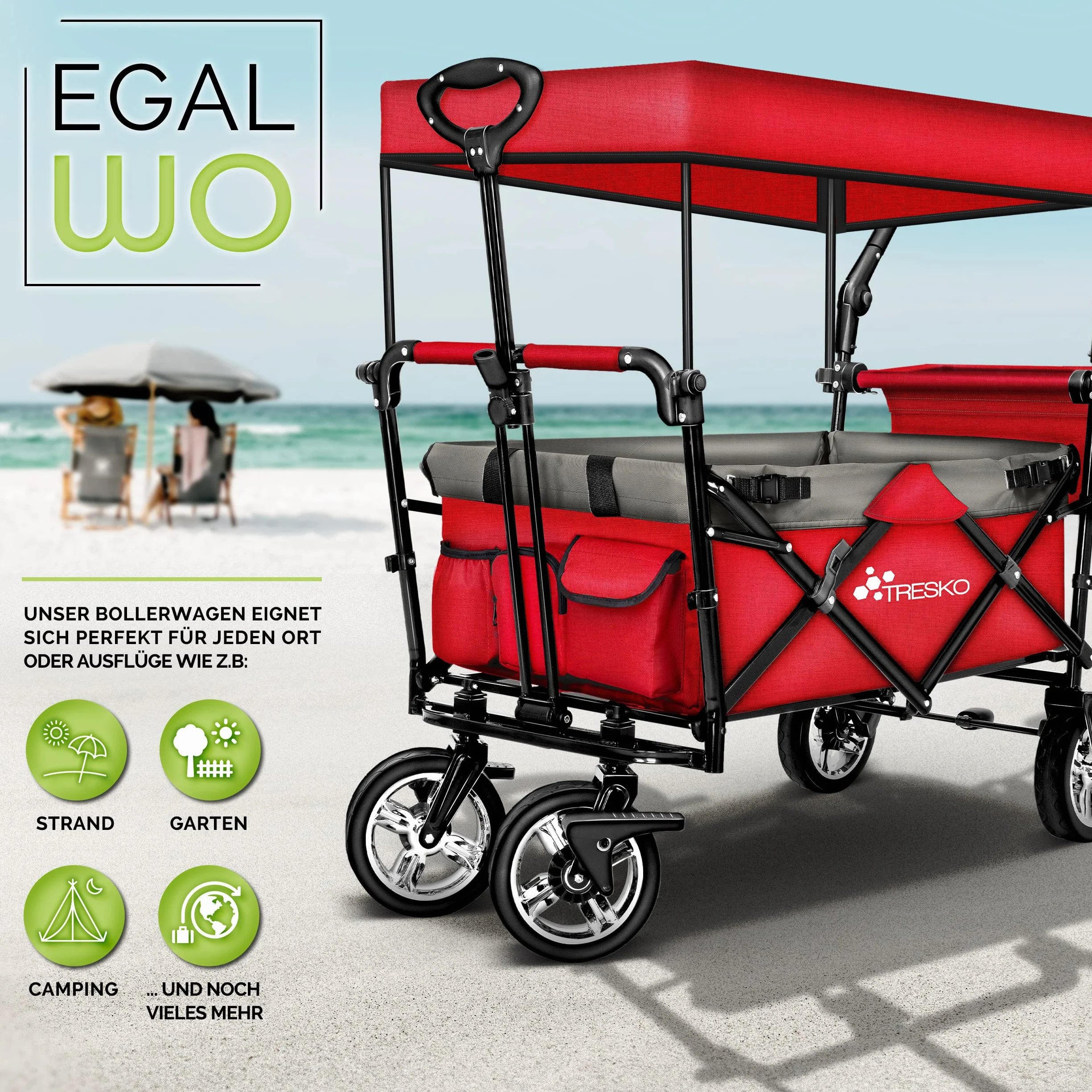 TRESKO Chariot de Transport Pliable avec Sac Isotherme et Frein pour Plage et Jardin