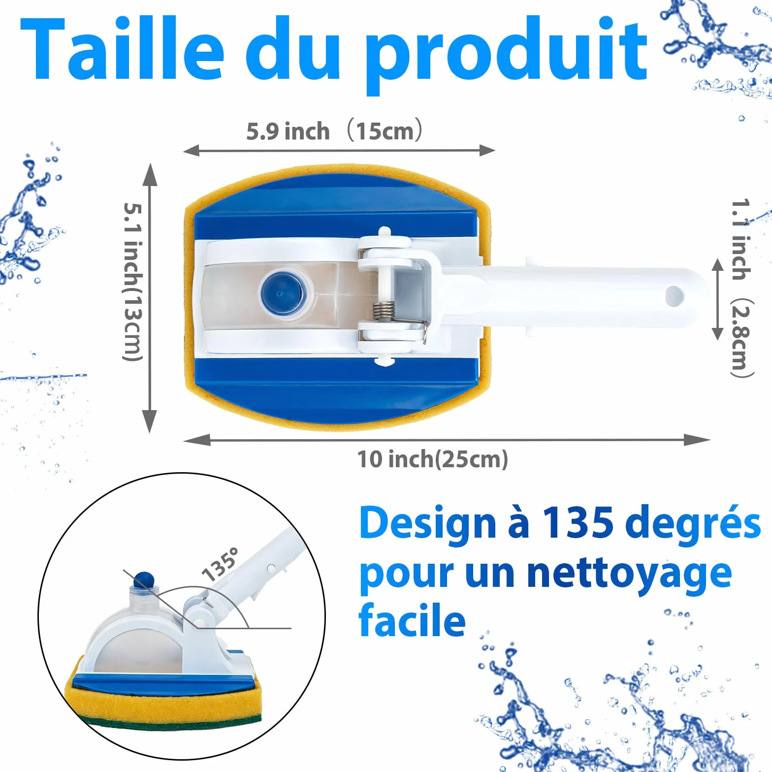 Brosse Éponge Piscine 25 cm Articulation 135° avec Éponge de Rechange et Réservoir Détergent