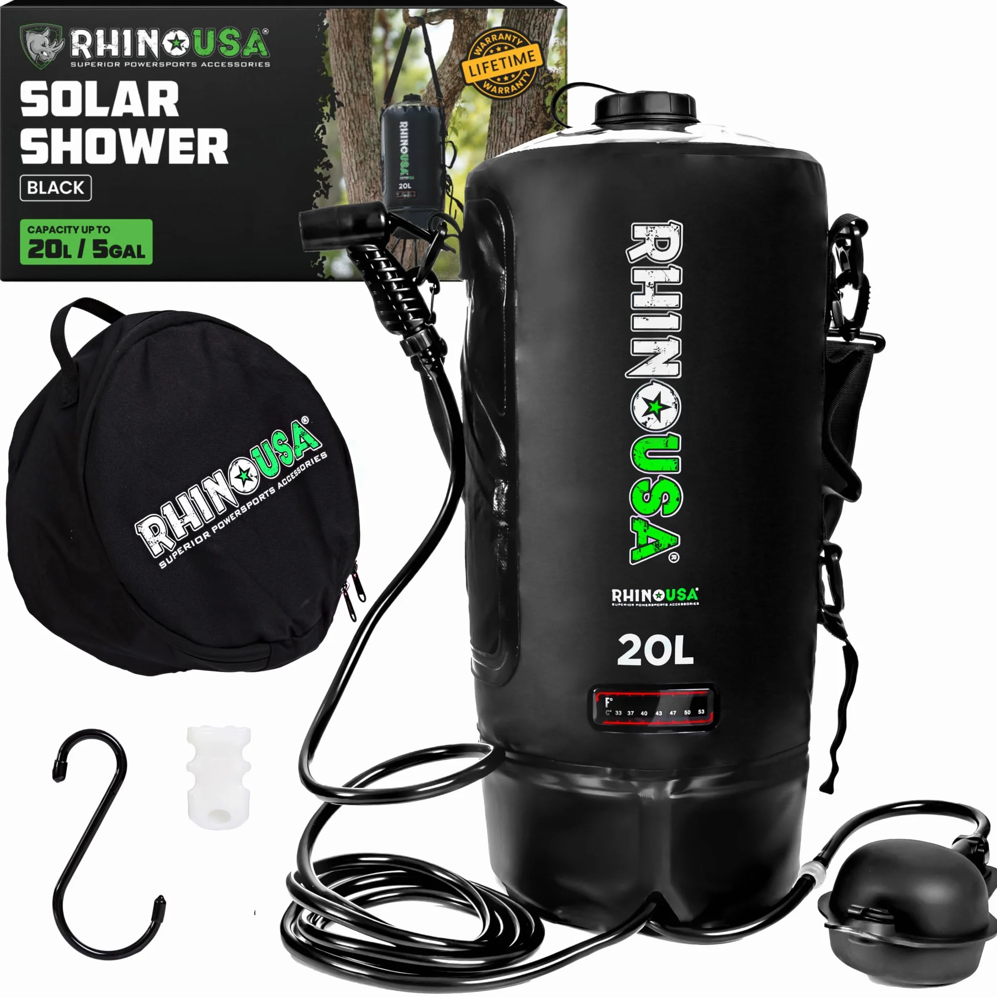 Rhino USA Douche solaire portable de 20 L - Indispensable pour le camping, les festivals, les voyages à la plage, la douche en plein air et plus encore