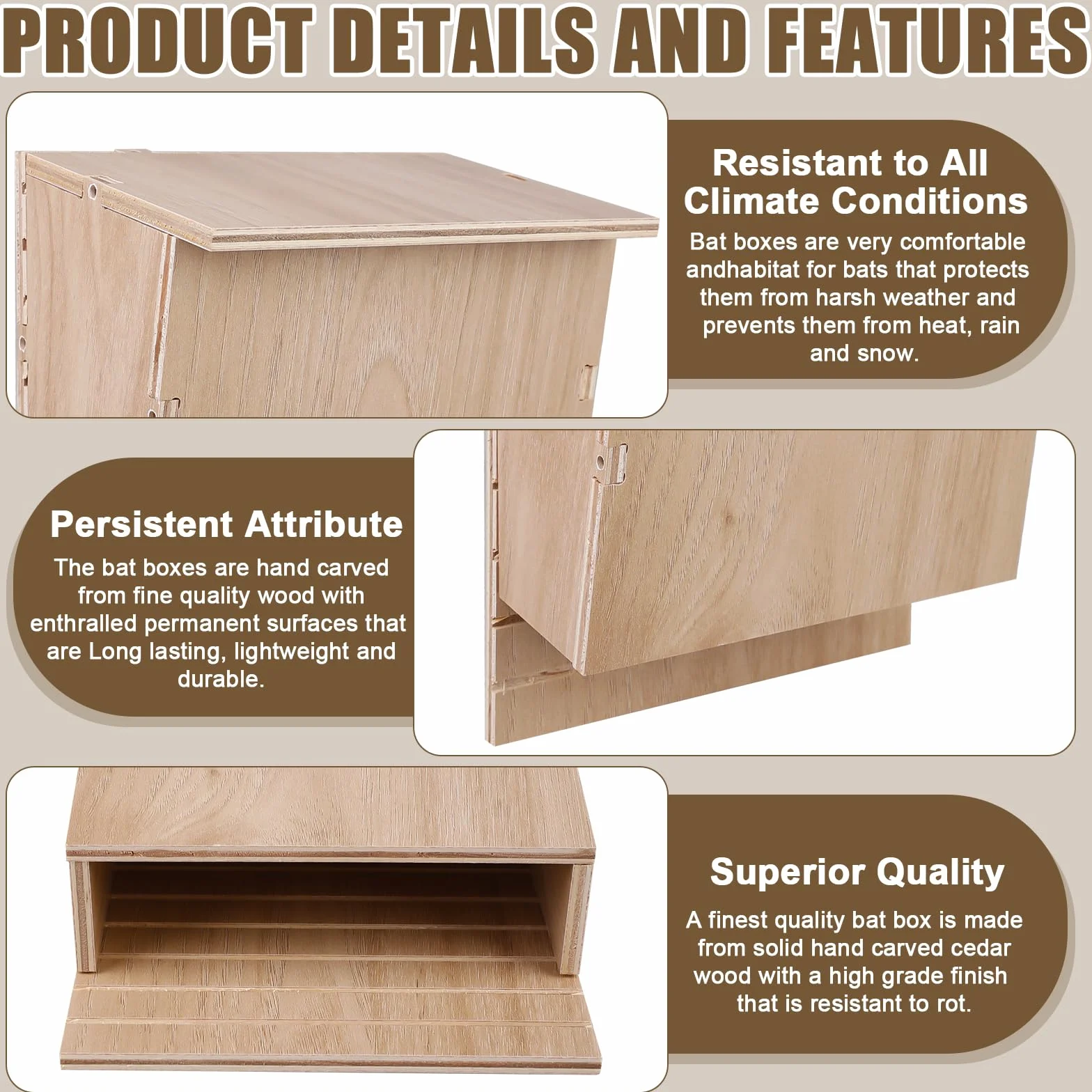 Nichoir pour chauve-souris en bois 24 x 8,3 x 9,9 cm résistant aux intempéries kit de construction hôtel à chauve-souris