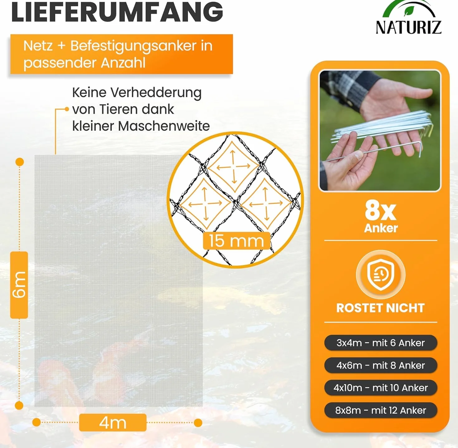 Naturiz Filet anti-oiseaux étang 15x15mm mailles fines résistant UV intempéries 8x8m