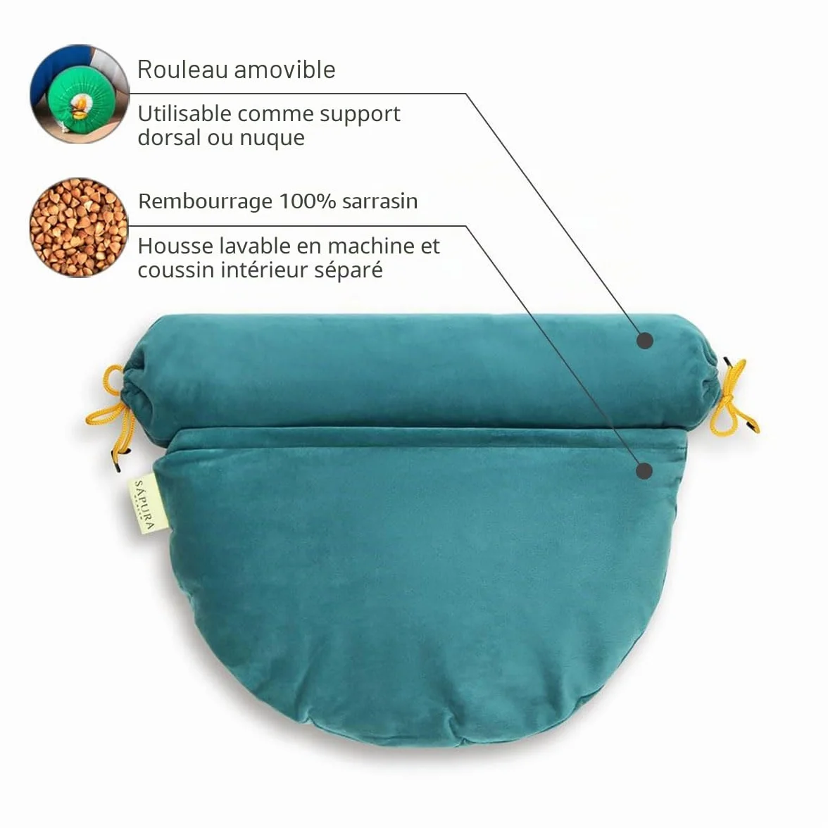 SAPURA Coussin de Yoga | Coussin de méditation | Yoga Bolster 2en1 | Bio Remplissage Sarrasin | Rouleau Oreiller | Pilates-Bolster | Oreiller de Relaxation