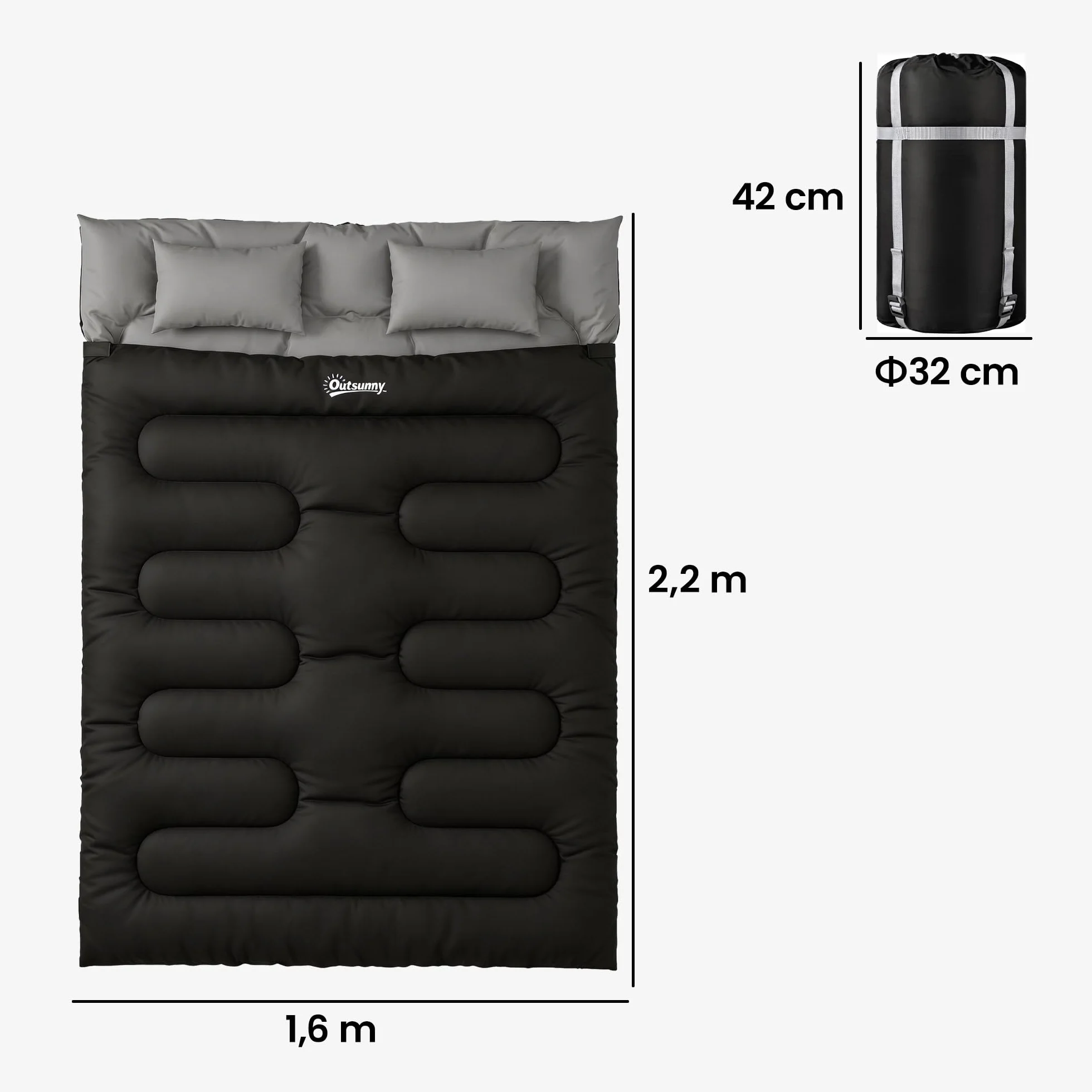 Outsunny Sac de Couchage Double Adulte Modulable 2 Oreillers Coton Creux 400 g/m² Camping Randonnée Noir