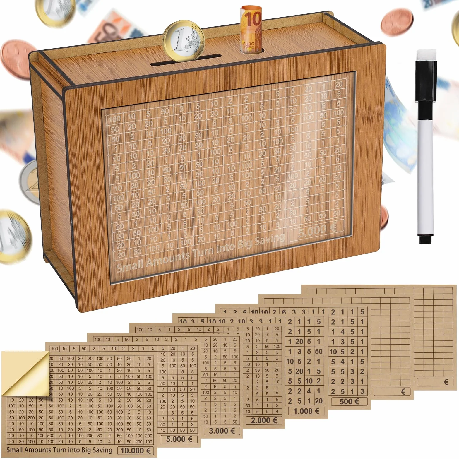 Tirelire en Bois 5000€ avec Marqueur et Autocollants, Coffre Cash Box Réutilisable pour Adultes et Enfants