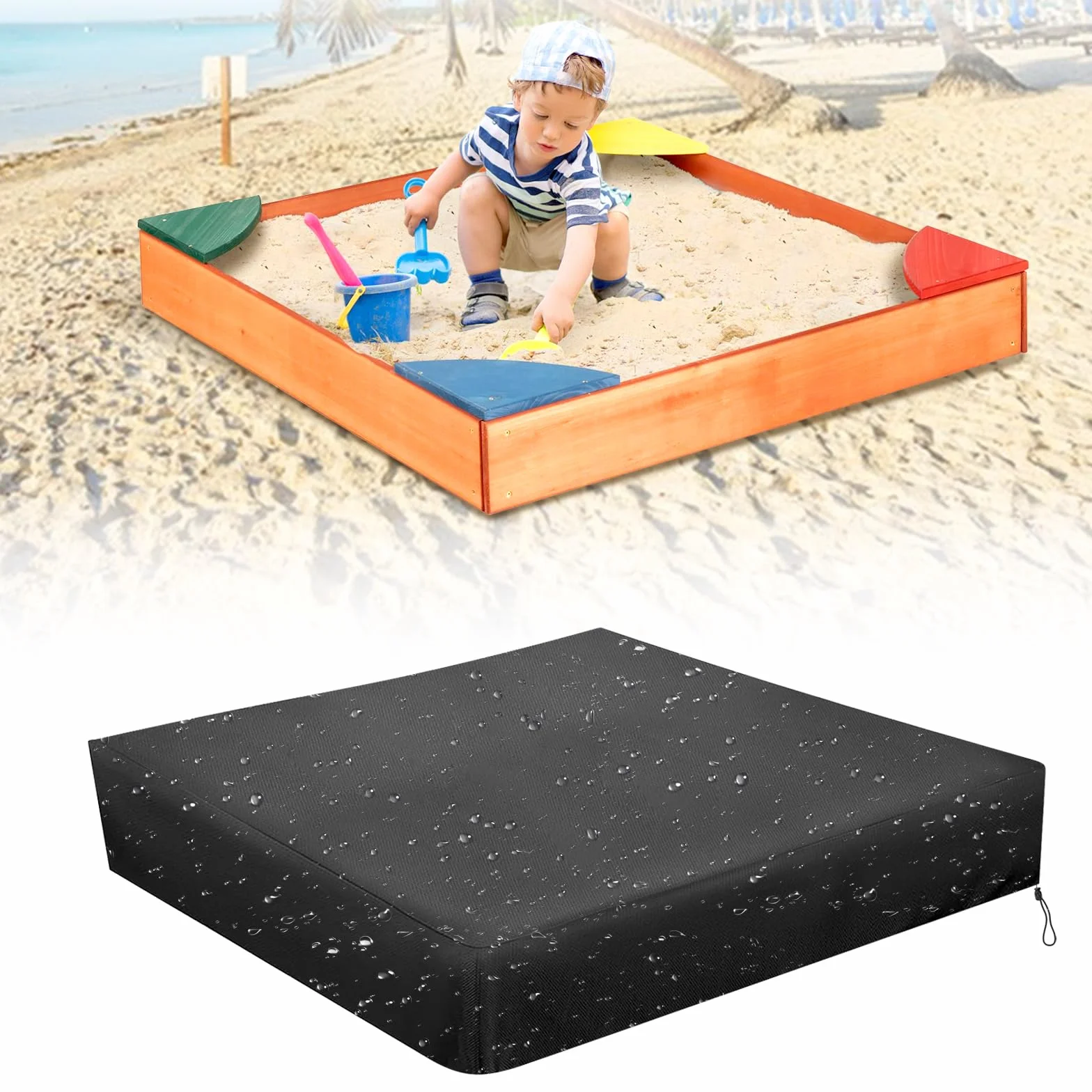 Housse de Bac à Sable Imperméable 150x150x20 cm Couverture Protection avec Cordon de Serrage Jardin