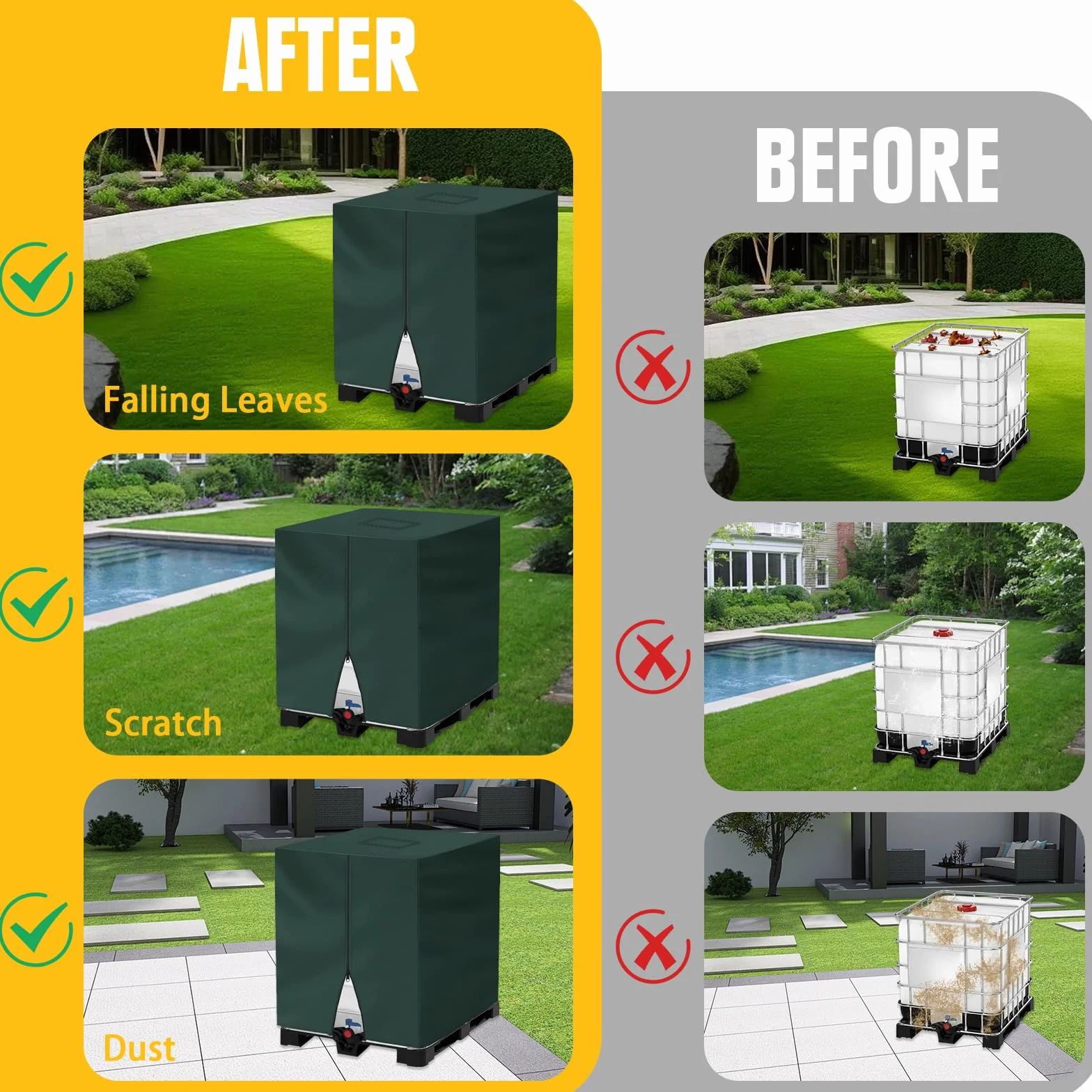 Housse de réservoir IBC 1000L imperméable et résistante en tissu Oxford 420D, coupe-vent, anti-UV, pour l'extérieur avec sangles de fermeture à clic, housses pour réservoir d'eau (120 x 100 x 116 cm
