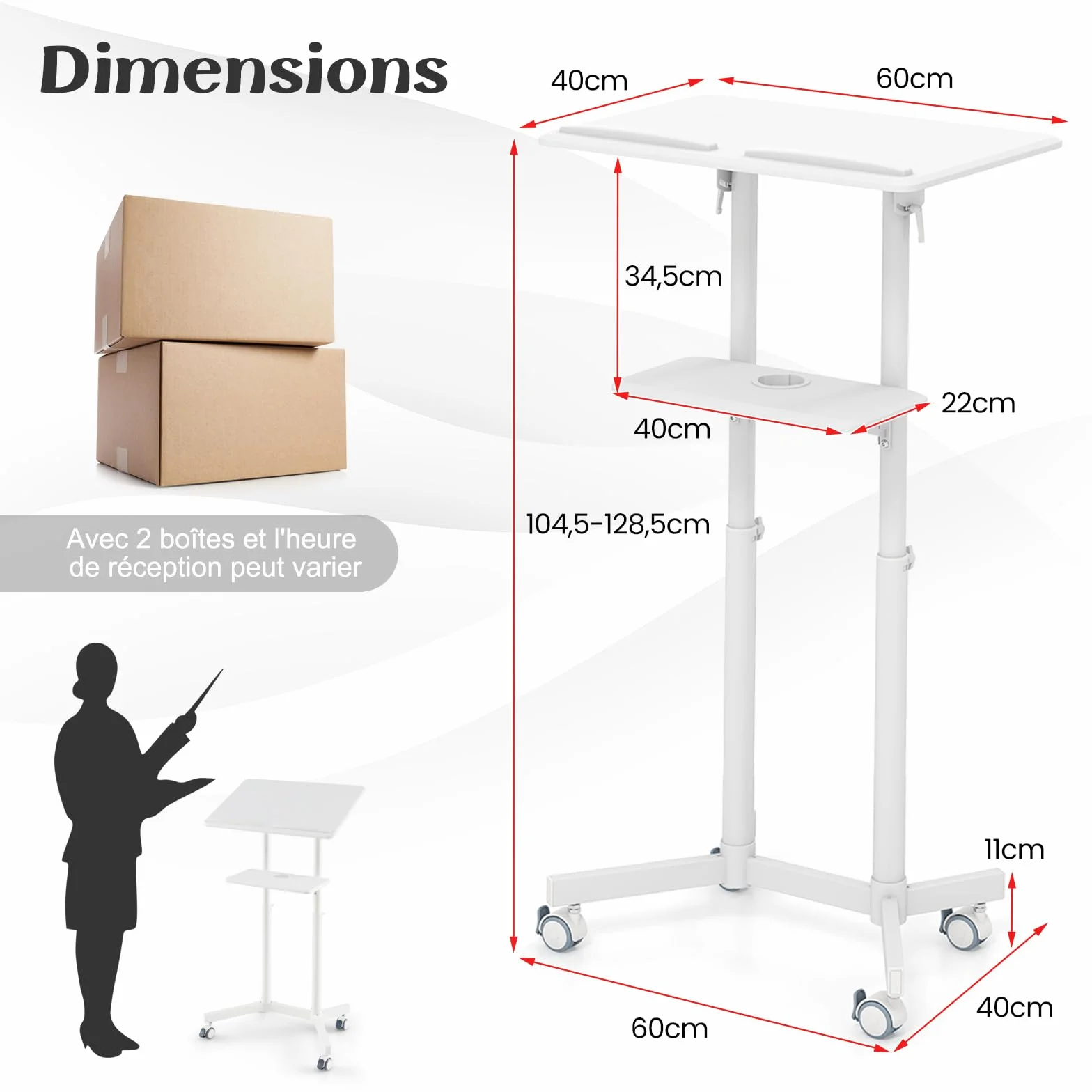 COSTWAY Pupitre Debout Mobile 104,5-128,5 cm Bureau Incliné Réglable avec Rebord et Étagère (Blanc)