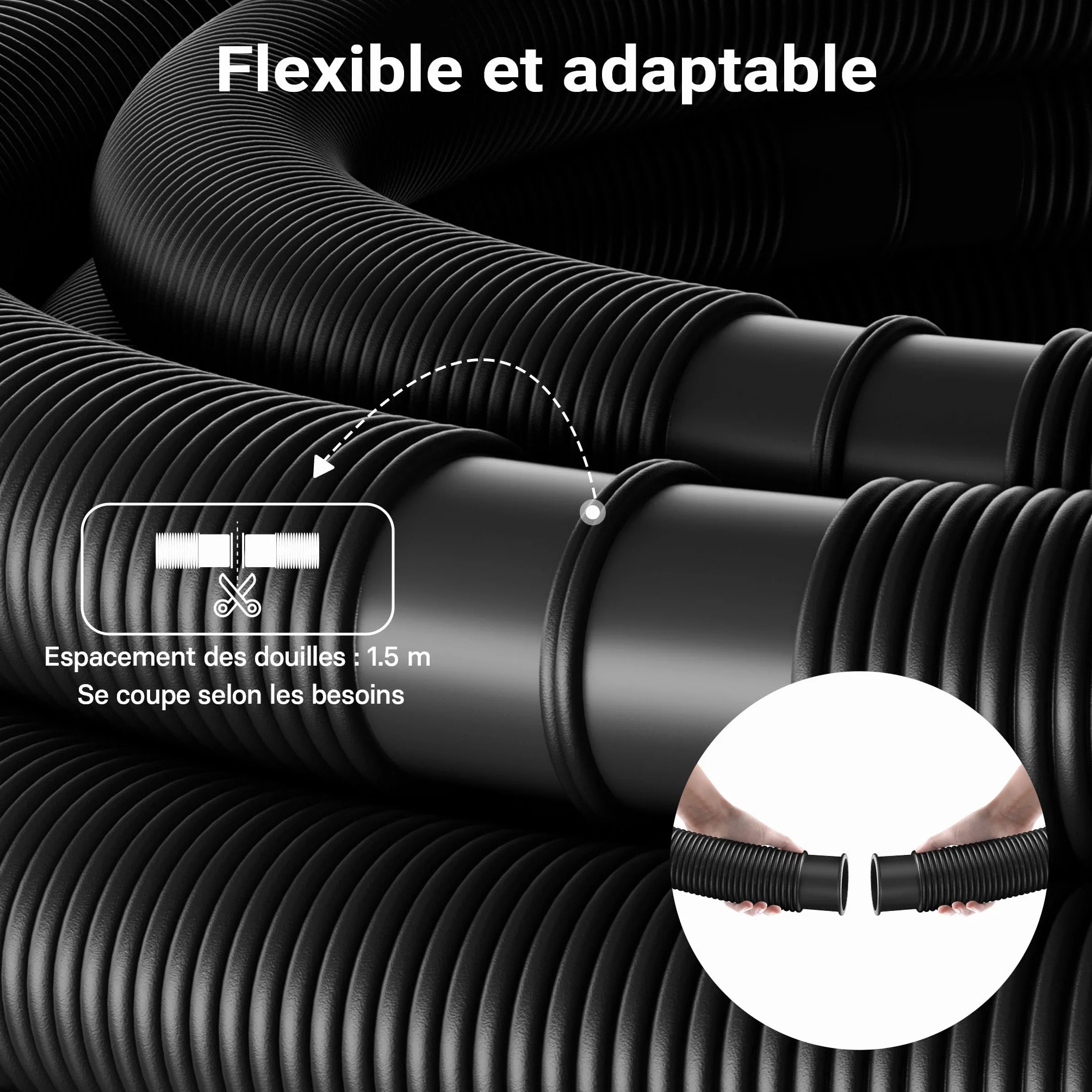 Wiltec Tuyau piscine noir 12 m Ø 32 mm solaire flottant sections préformées 165 g/m made in Europe