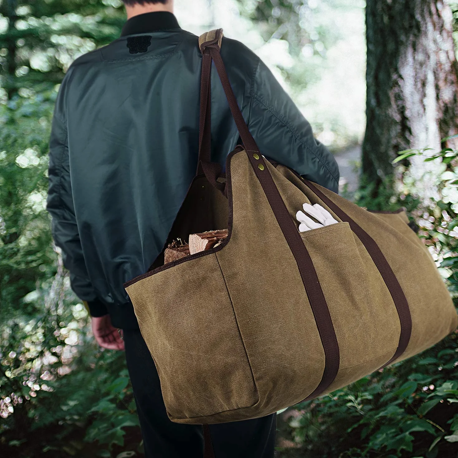BONTHEE Porte-bûches Extra-Large Support de Bois de Chauffage en Toile imperméable avec bandoulière