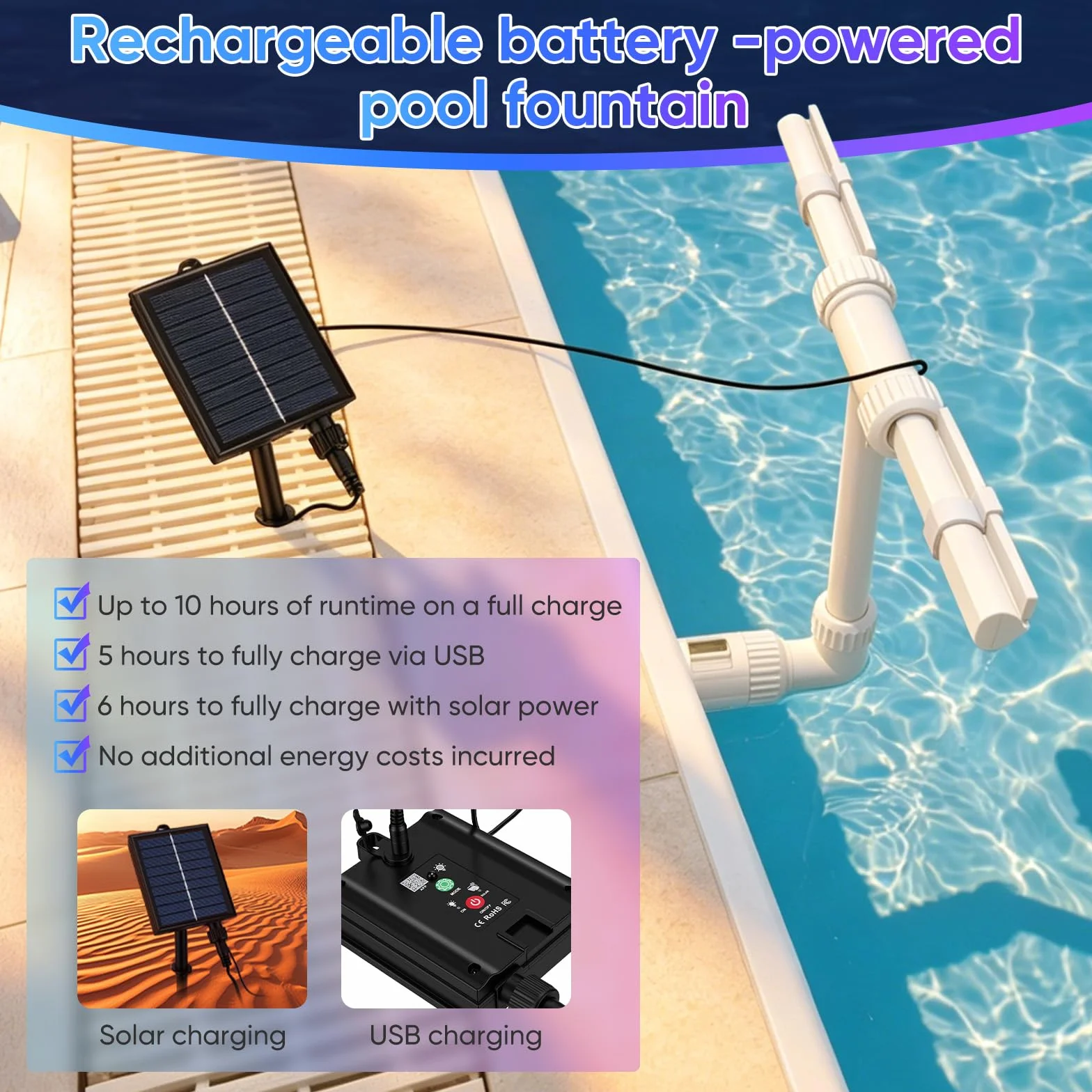 Fontaine solaire cascade LED télécommande APP 11 couleurs 6 modes rechargeable 10h autonomie piscine hors-sol encastrée