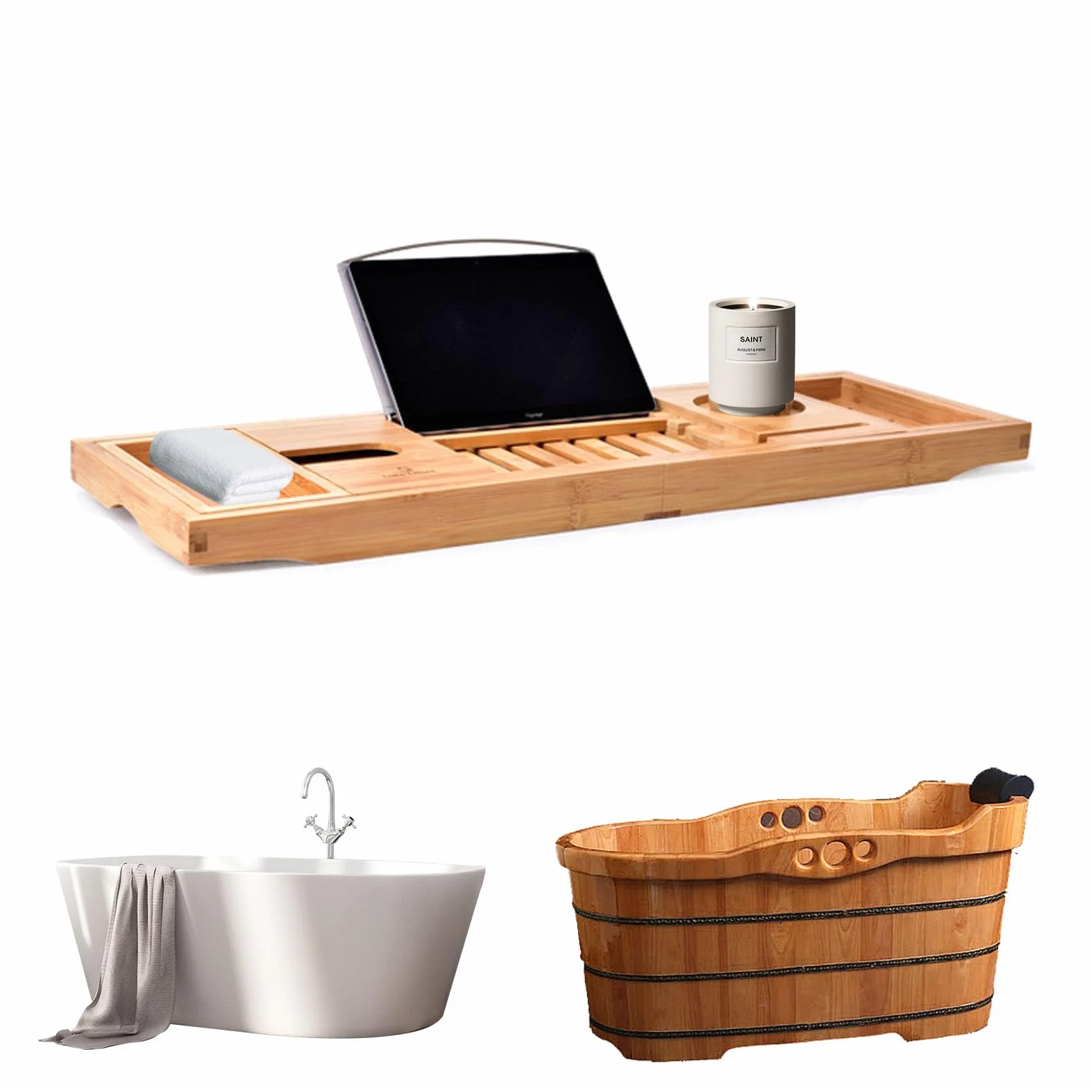 Plateau Baignoire Extensible Bambou Porte-Livre Réglable Antidérapant Naturel