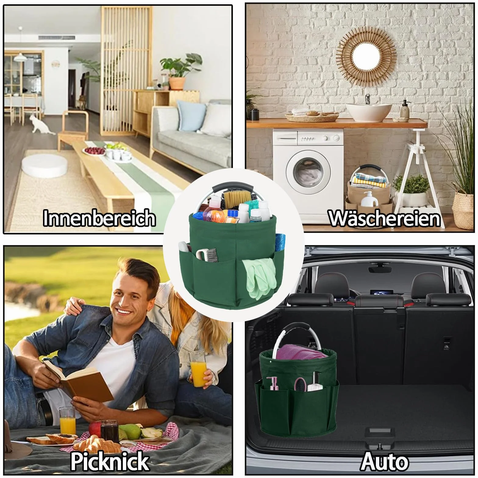 Organisateur de Nettoyage Pliable, Sac à Outils avec 6 Compartiments, Panier de Rangement, Vert