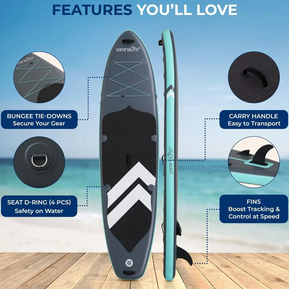 SereneLife Paddle Gonflable Adulte XL 350-370 cm – Stand Up Paddle Familial Stable pour 2 Adultes et 1 Enfant, Capacité 205 kg, Siège Inclus, Tapis EVA Antidérapant et Kit Complet