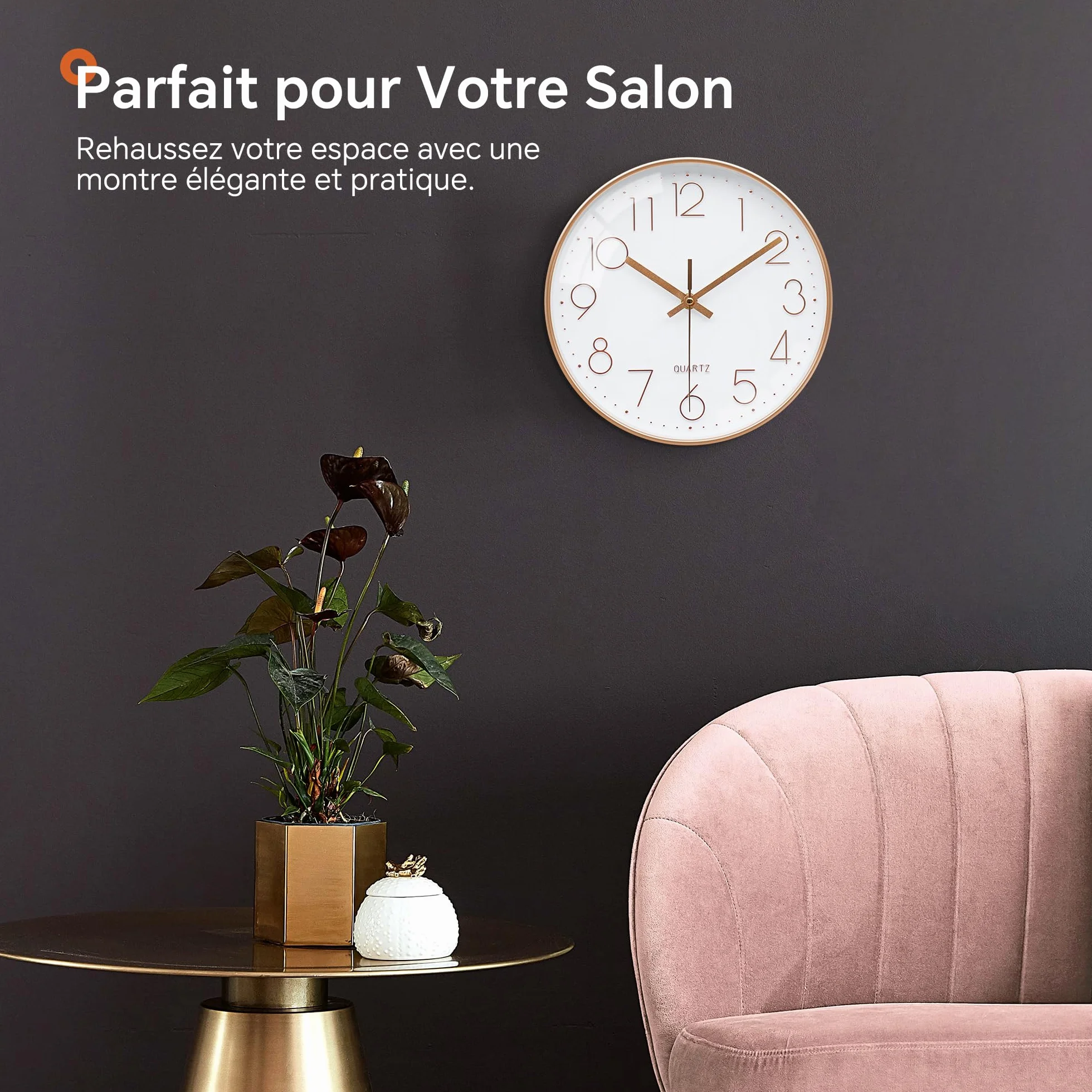 VIKMARI Horloge Murale 20cm Or Rose Verre Silencieuse Pendule Murale Salon Cuisine Chambre