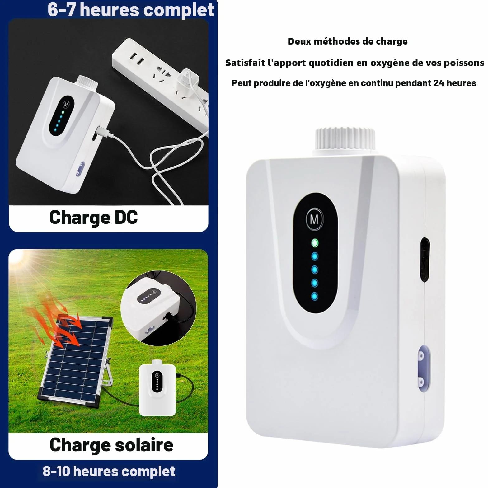 Pompe à air solaire 6 W avec batterie 6000 mAh, aérateur de bassin USB et solaire