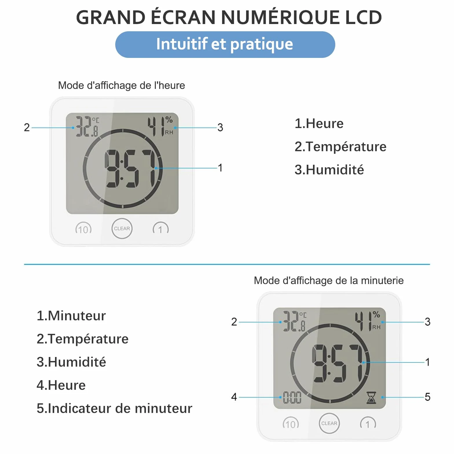 Horloge de salle de bain numérique à ventouse avec écran LCD, affichage humidité température, minuteur, blanc