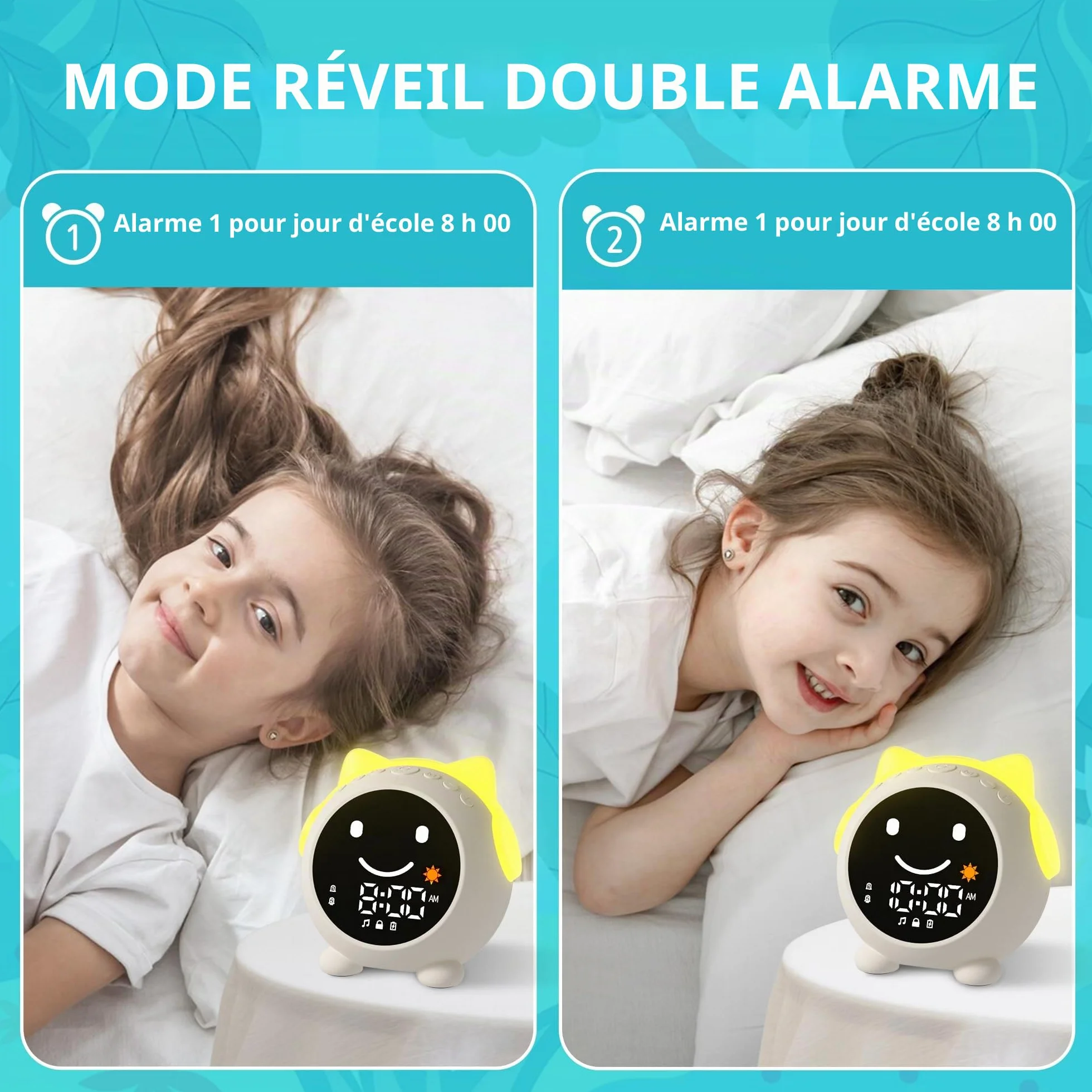 Réveil Enfant Chat Éducatif Jour/Nuit avec Veilleuse Sons Apaisants 2 Alarmes Mode Week-End Rechargeable