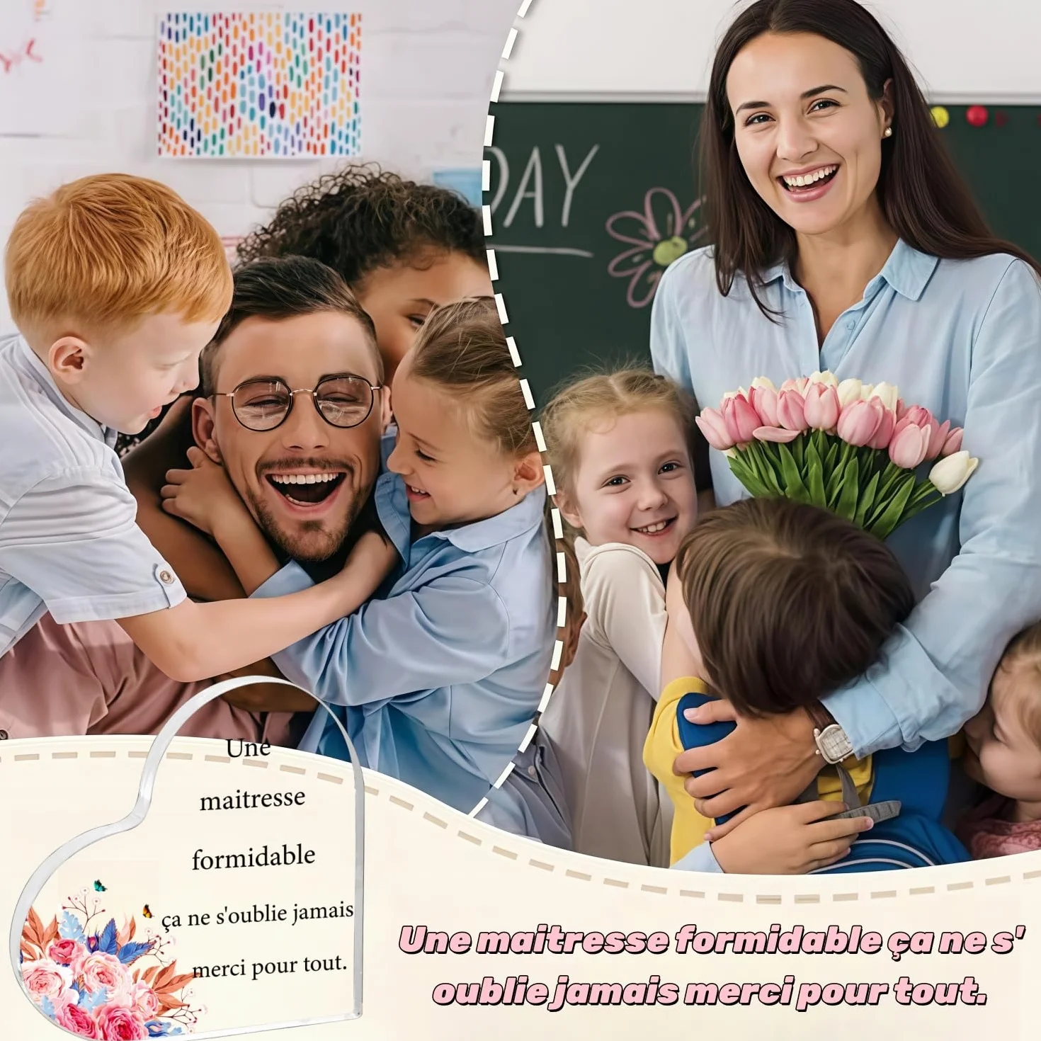Cadeau Maitresse d'école Forme de Coeur Acrylique Ornements Merci Maitresse