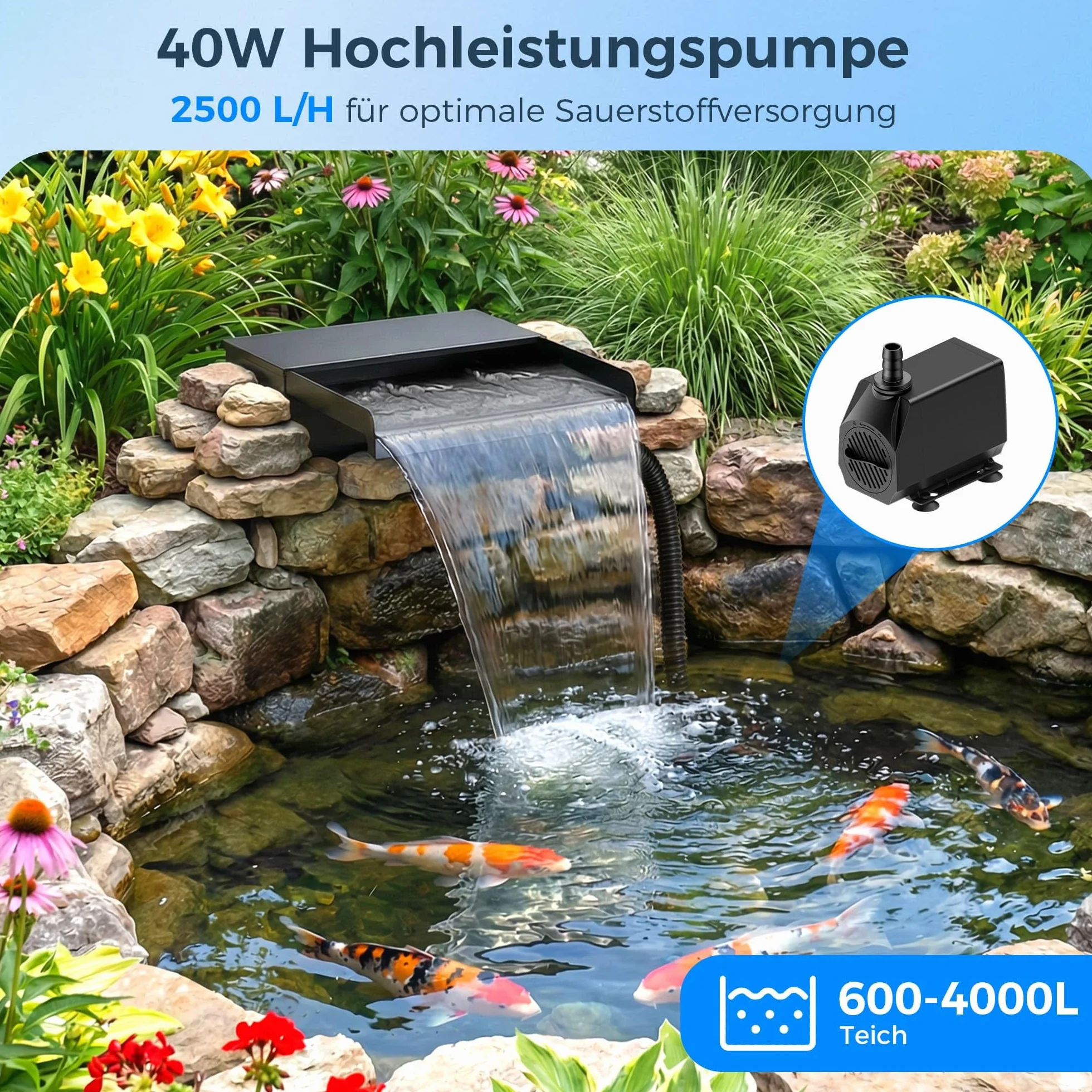 Biling Cascade pour Étang de Jardin avec Filtre, 20cm Acier Inoxydable, 40 W 2500 l/h Pompe de Bassin
