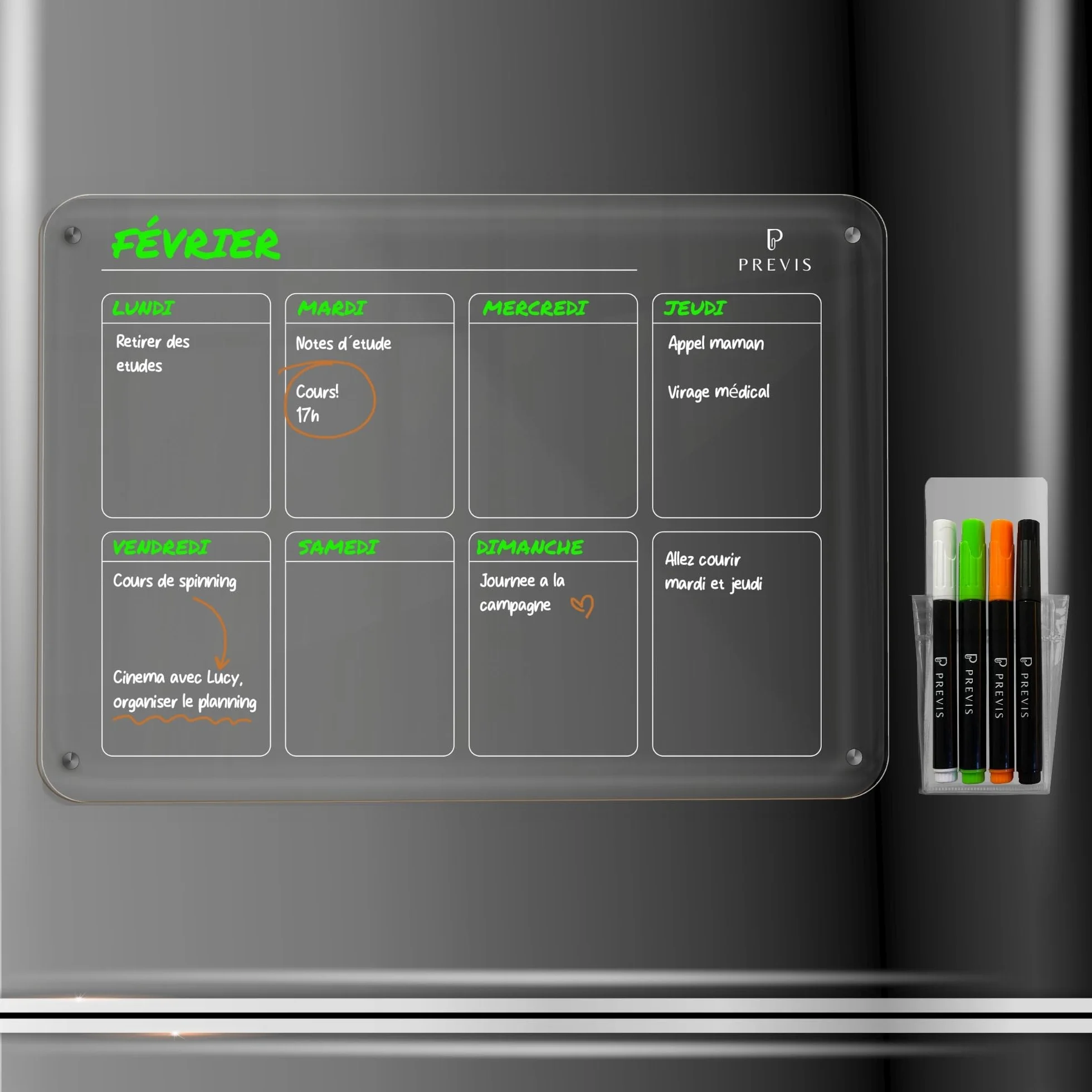 PREVIS BRAND Planning Frigo Magnetique Hebdomadaire Plexiglass Transparent A3 (30x40cm) avec 4 Marqueurs - Tableau Planner Frigo Acrylique