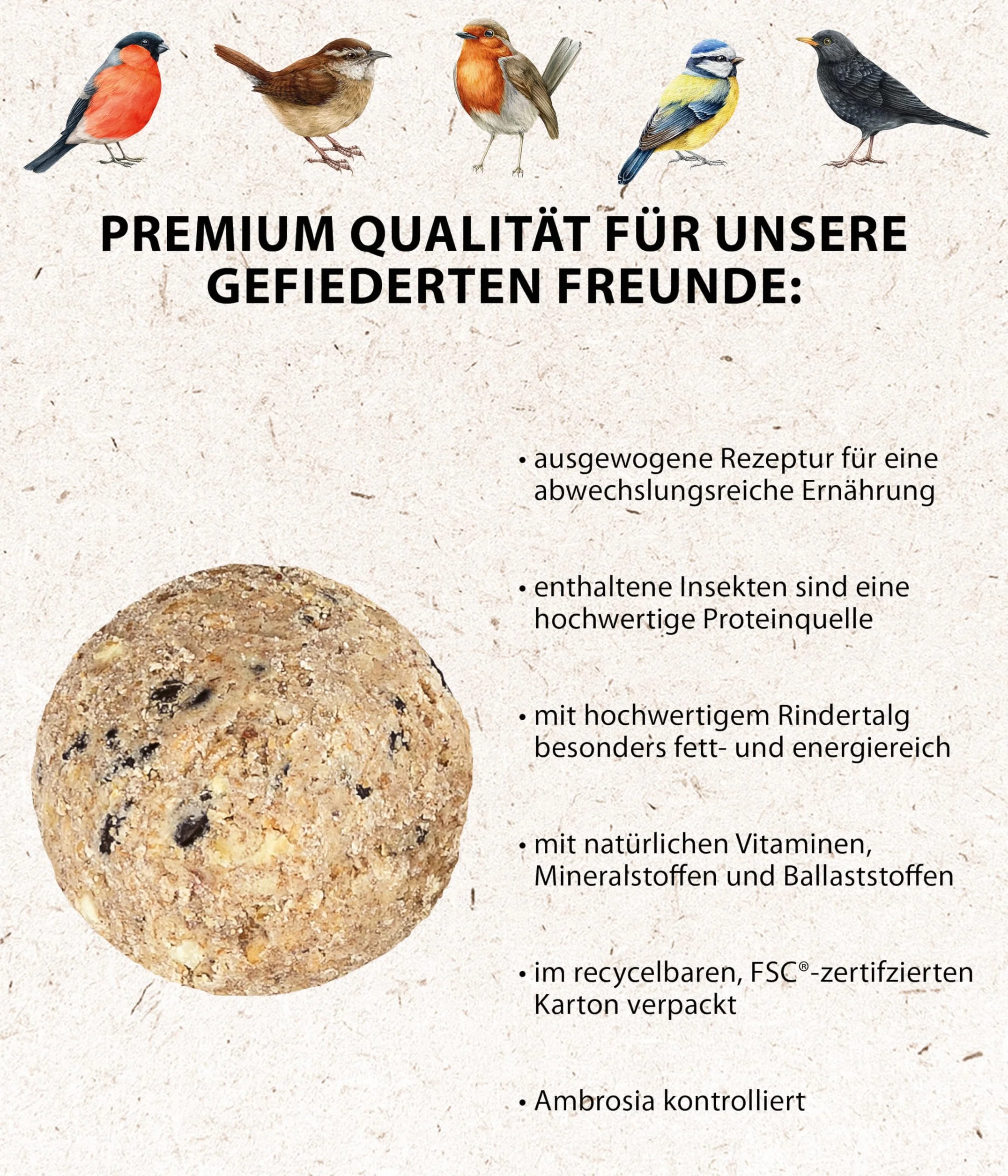 Dehner Natura Premium Nourriture pour Oiseaux Sauvages, Boules de Graisse aux Insectes avec Filet, 30 x 90 g (2,7 kg)