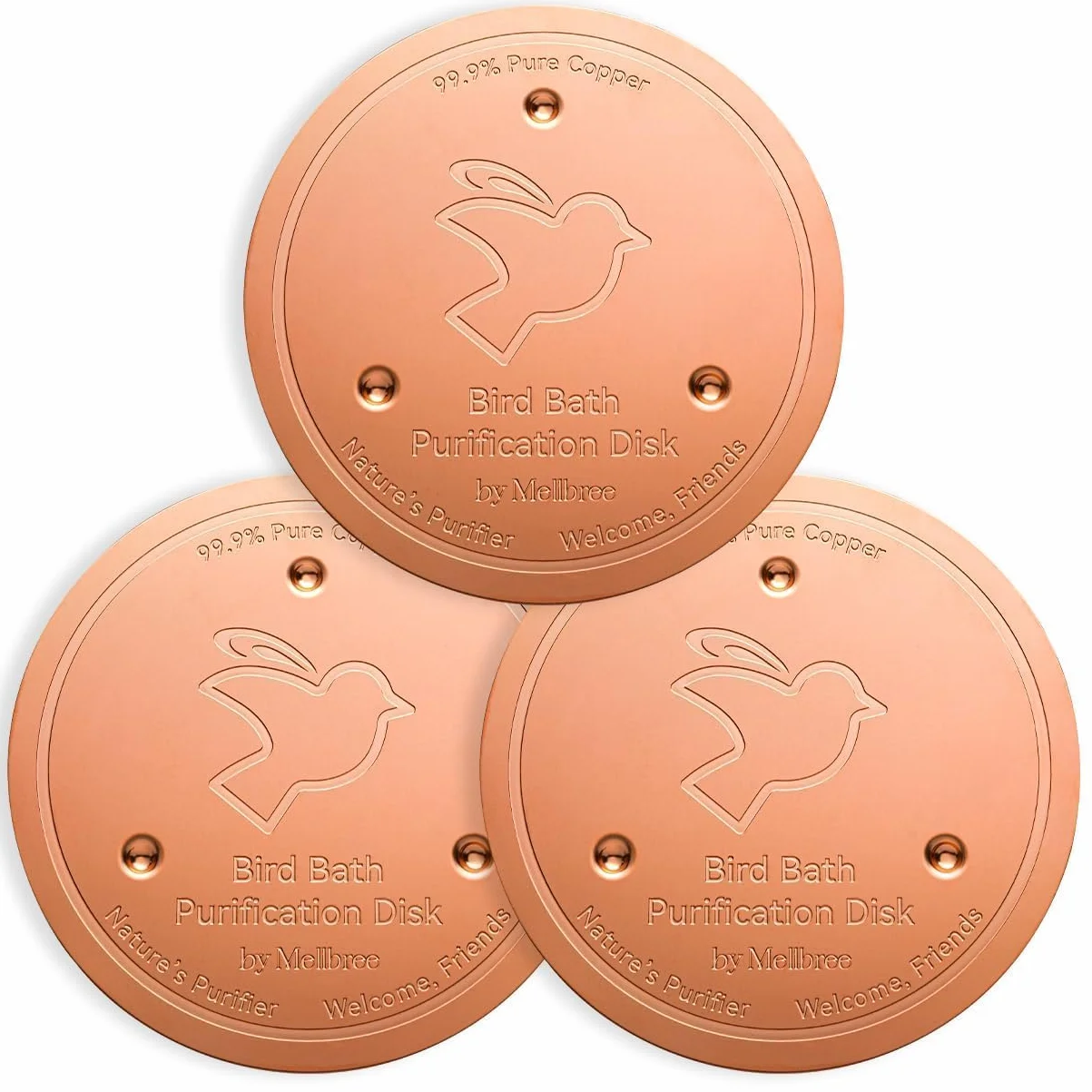 Lot de 3 disques en cuivre pur 99,99 % renforcé 0,6 mm pour bain d'oiseaux avec support à trois points