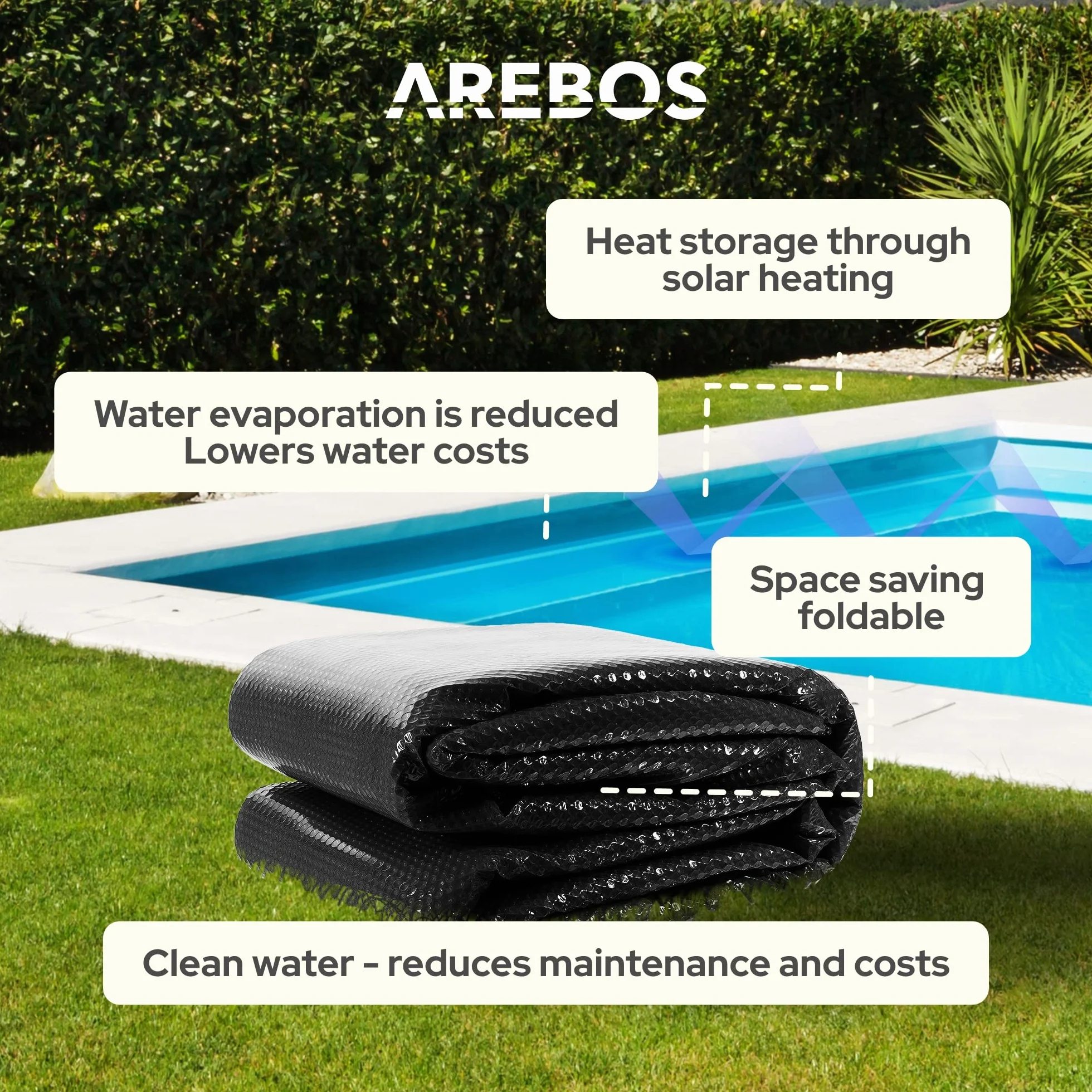 Arebos Bâche Solaire Piscine Ø 3,66 m Épaisseur 120 µm Noir Rouleau Découpable Chauffage Protection Eau