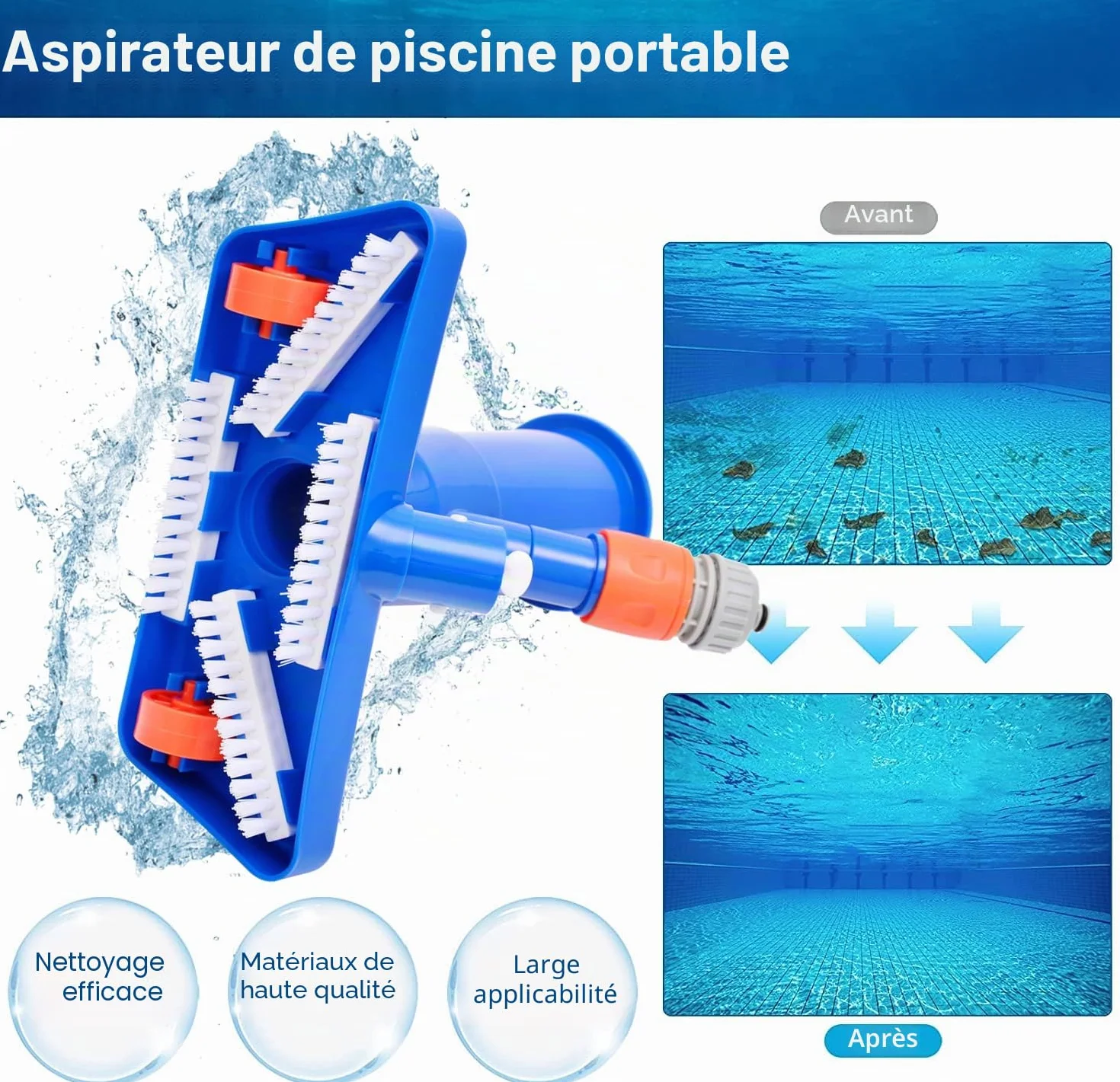 Nettoyeur de Piscine 143cm 4 Tiges Amovibles Aluminium Tête d'Aspiration avec Sac à Feuilles