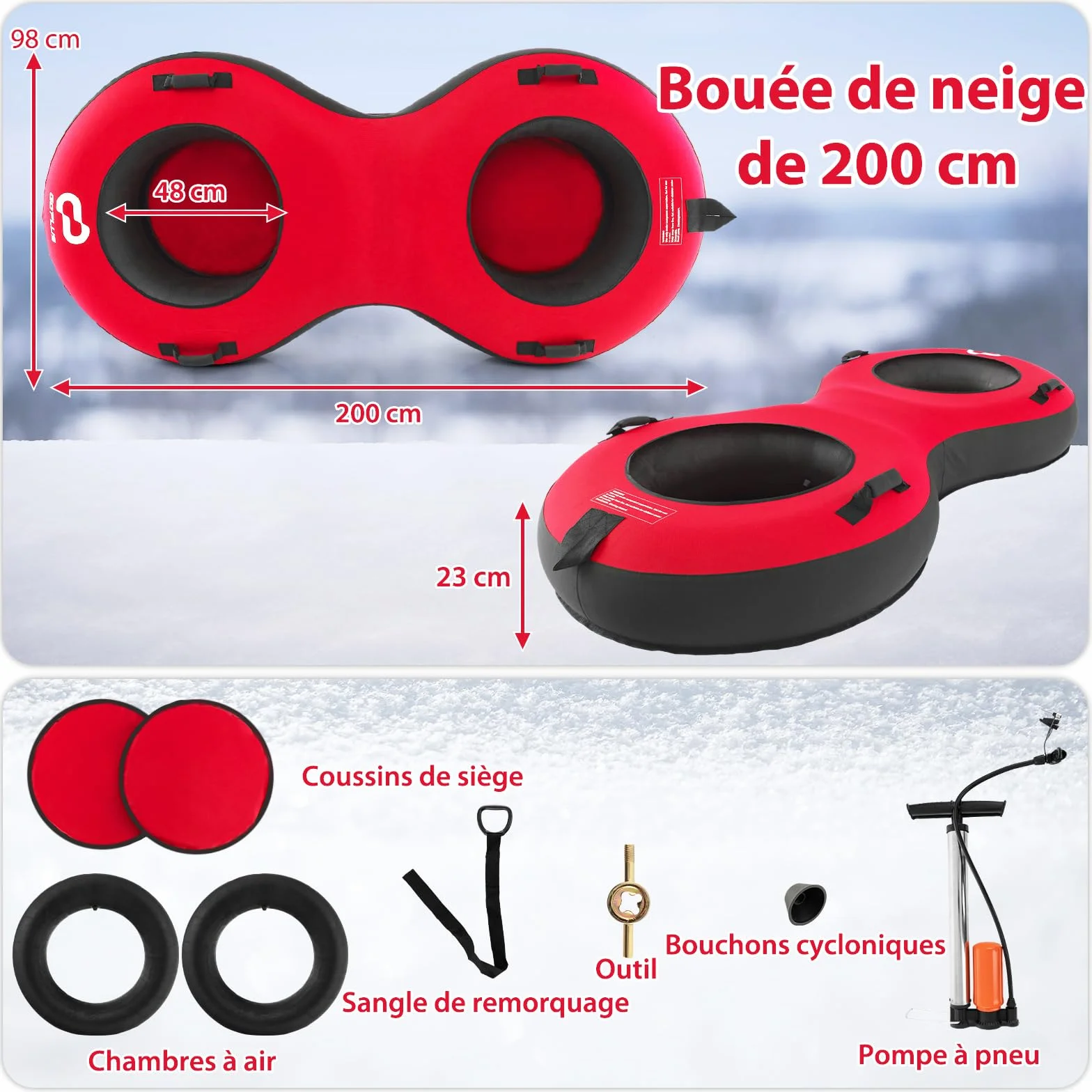 COSTWAY Luge Bouée Gonflable, Traîneau à Neige Robuste en Caoutchouc avec Fond Rigide Sangle de Remorquage Siège Rembourré Pompe de Gonflage, pour Enfants Adultes