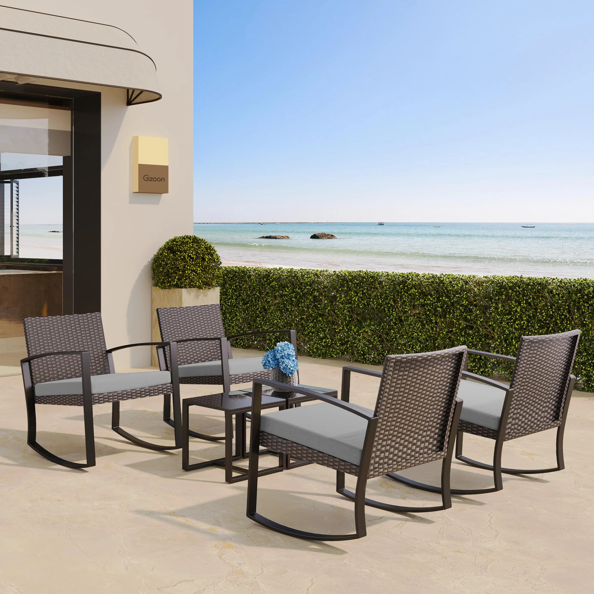 Bealife Ensemble Salon de Jardin 3 pièces Fauteuils à Bascule Table Basse Poly Rotin Coussins Gris