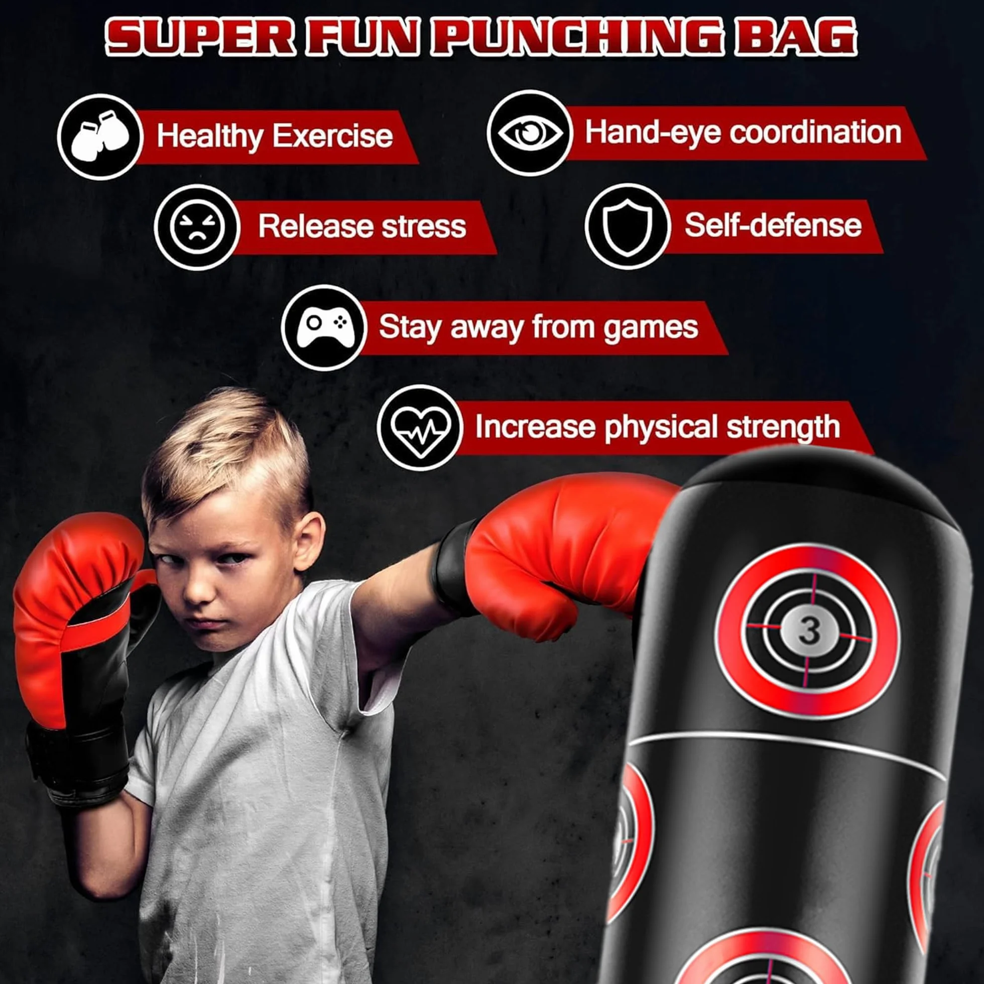 Sac de Frappe pour Enfants avec Gants De Boxe 160cm Sac De Boxe Gonflable pour Enfant Cadeaux pour GarçOns Et Filles de 3 à 12 Ans pour Pratiquer Karaté Taekwondo MMA