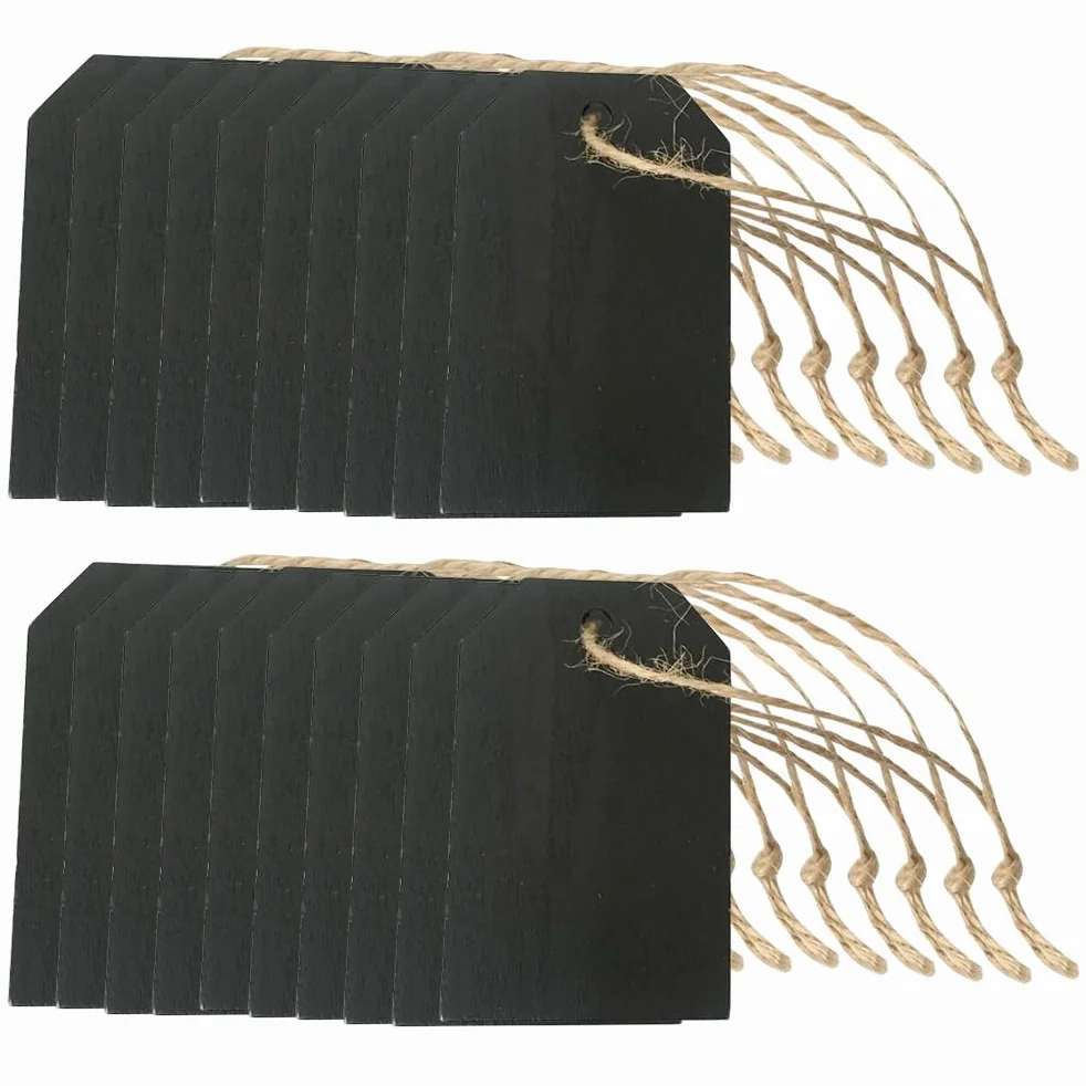 NUOBESTY 32pcs Étiquettes Mini Ardoise en Bois Foncé Double Face Effaçables avec Cordelette