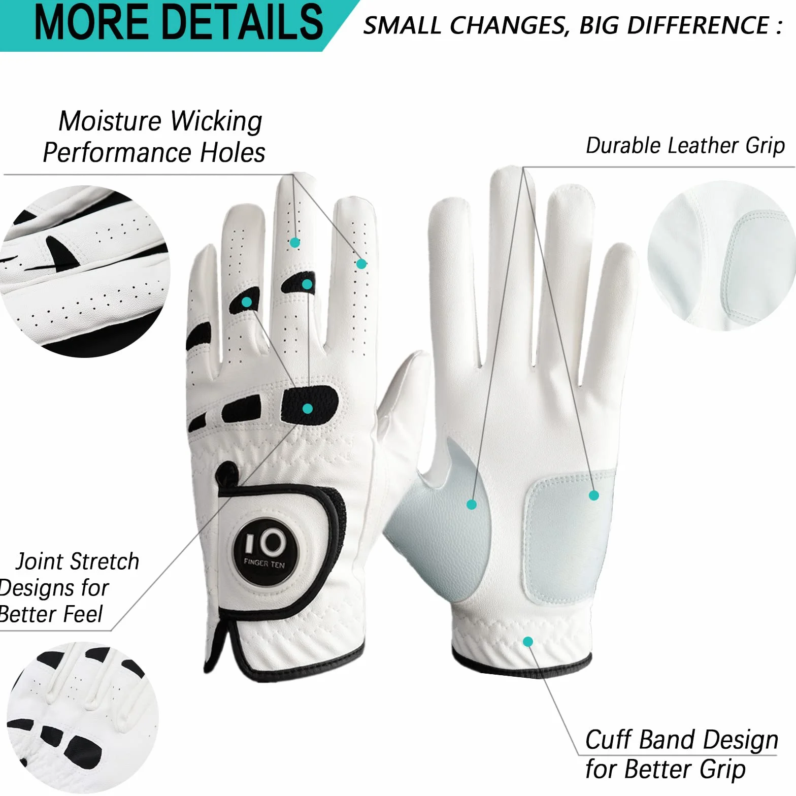 Gants de Golf Cuir Hommes Paquet de 2 FINGER TEN