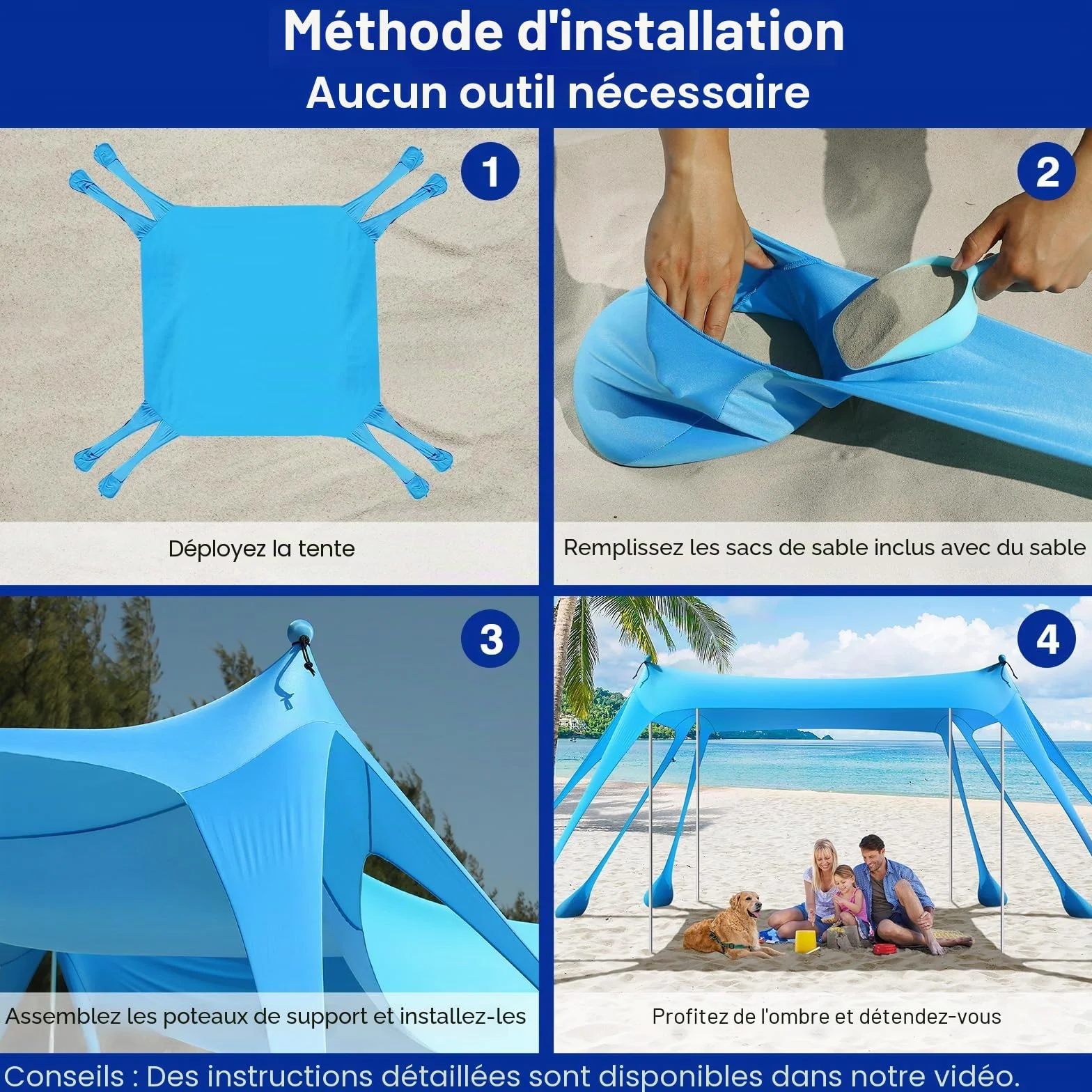 Rhino Valley UPF50+ Tente de Plage, Tente de Jardin Anti-Soleil avec 8 Sacs de Sable à Insertion, Abris de Plage Extérieurs avec 4 Poteaux de Support pour Pique-Niques